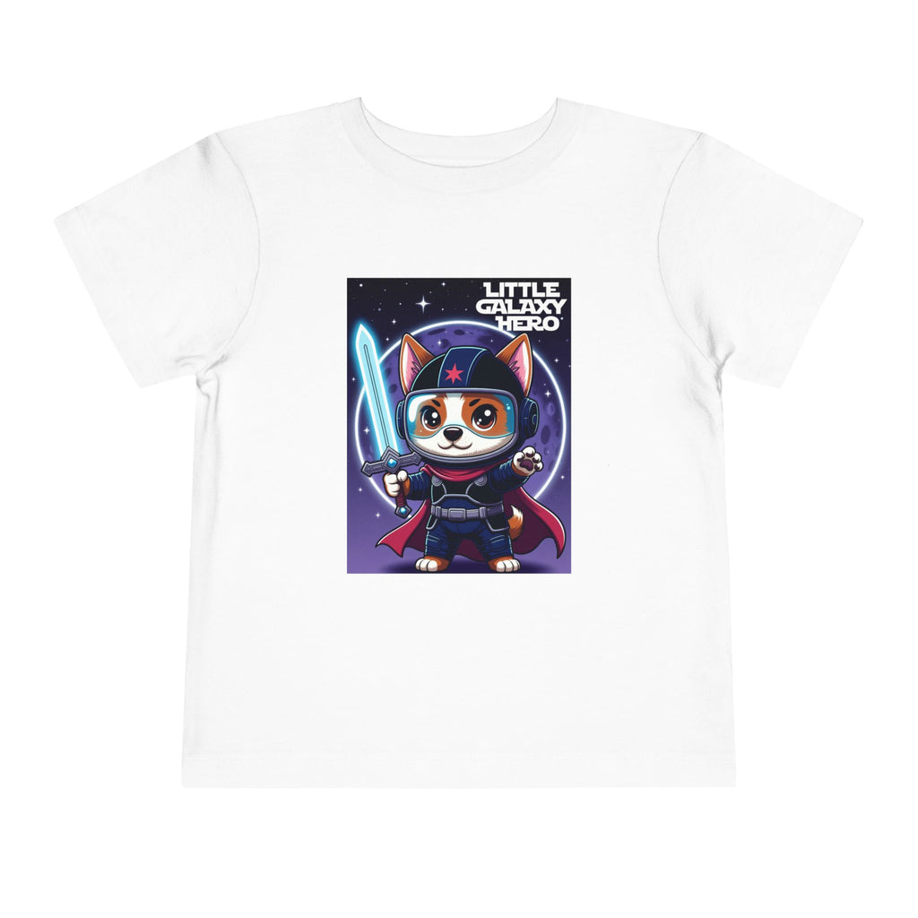 Little Galaxy Hero kids t-shirt featuring a cartoon space puppy in a helmet and cape, printed on a white tee.