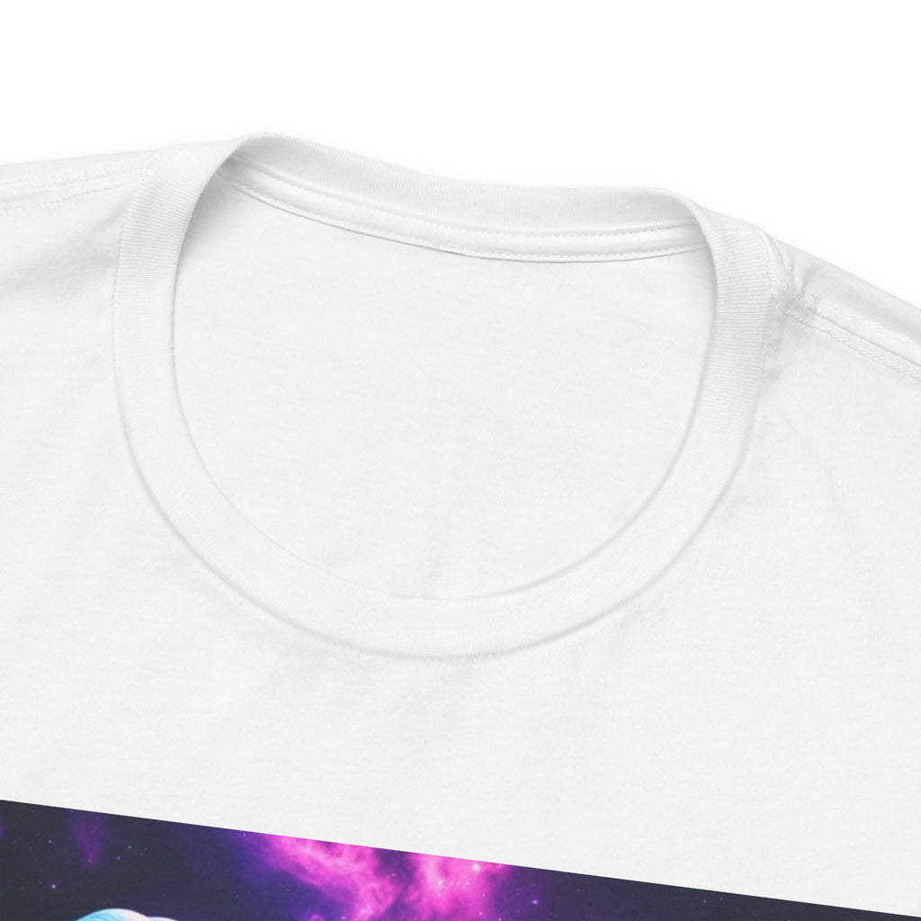 Pawsitive Force T-shirt featuring a galaxy design with a cat and dog graphic on a white background.