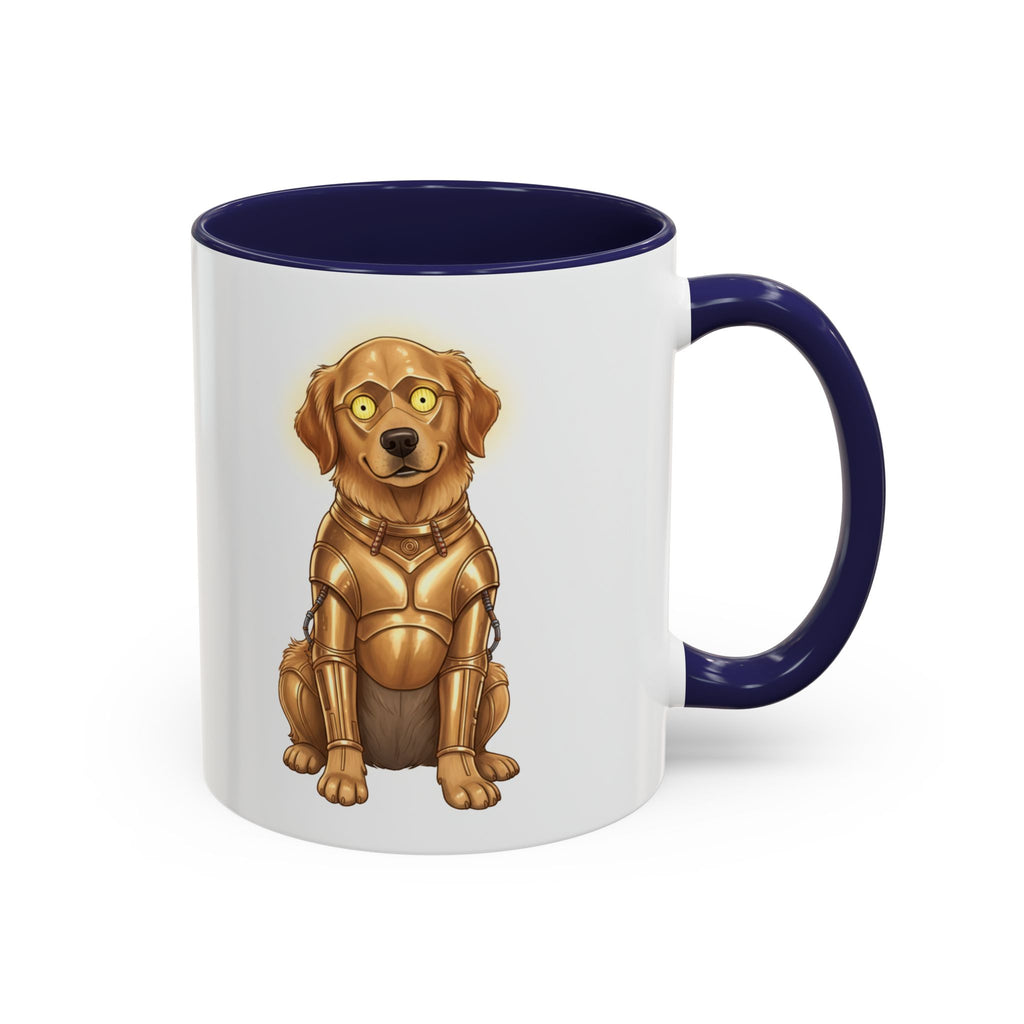 Golden Retriever C-3PO mug with a navy blue handle, featuring a cartoon dog in a gold robot costume.