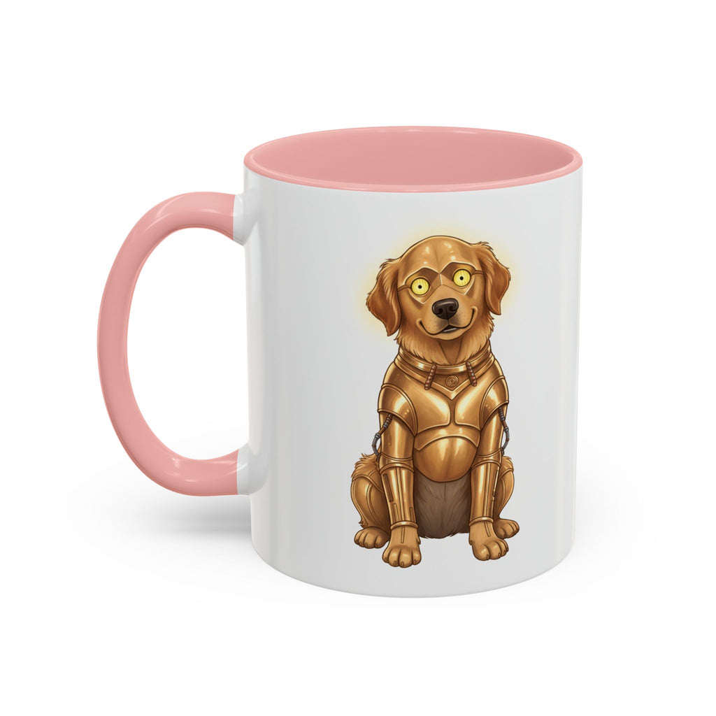 Golden Retriever C-3PO mug with a pink handle, featuring a cartoon dog in a gold droid costume.