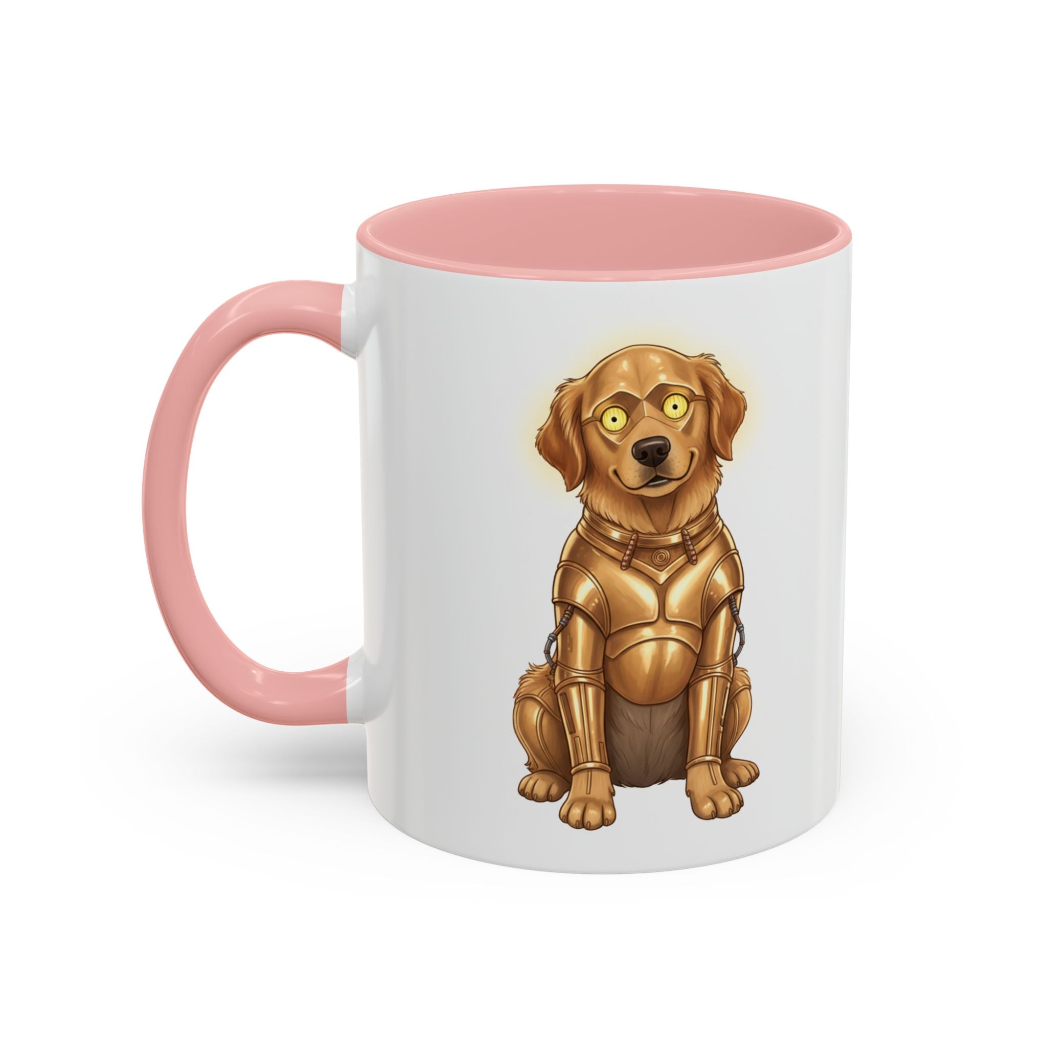 Golden Retriever C-3PO mug with a pink handle, featuring a cartoon dog in a gold droid costume.