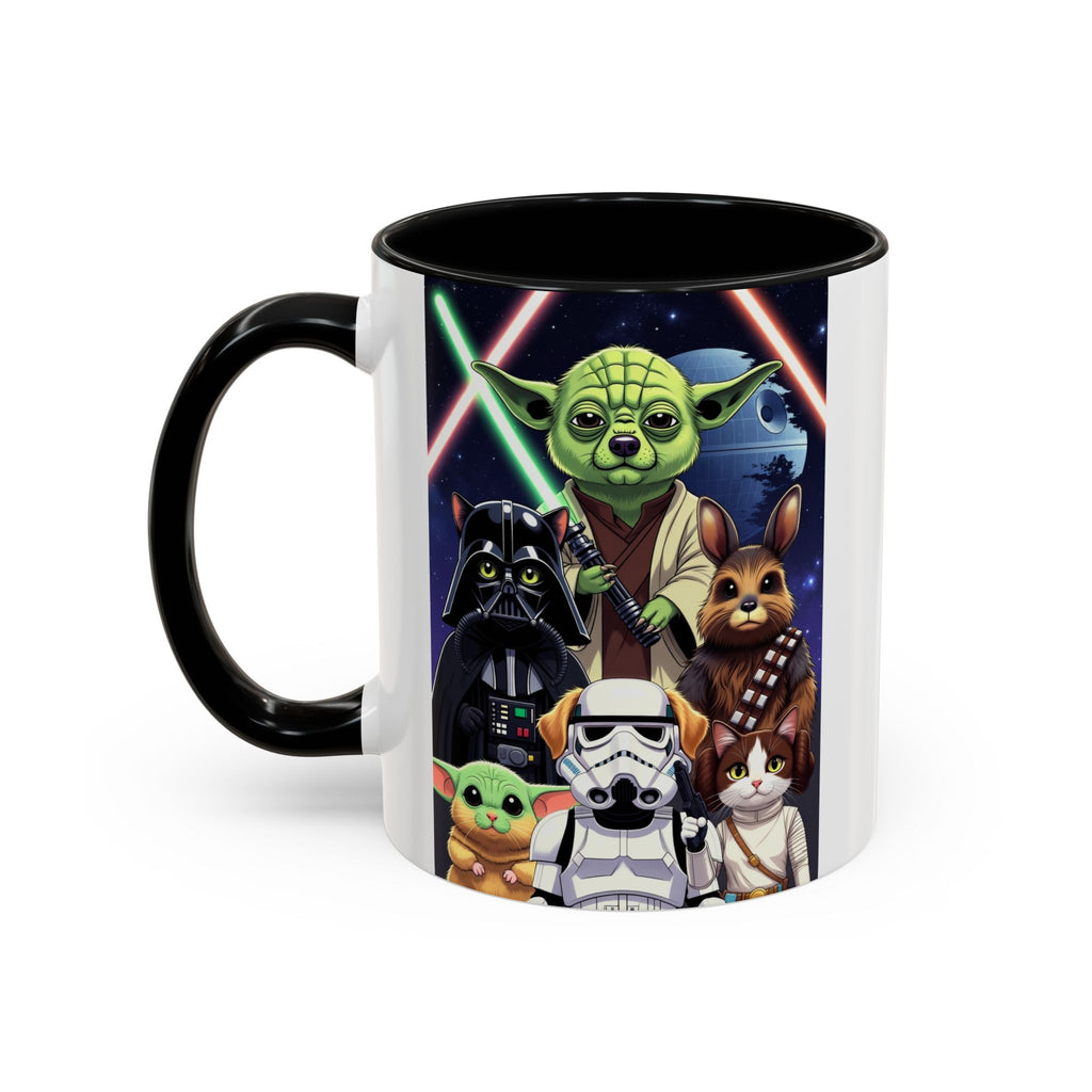 Star Wars pets coffee mug featuring cats and dogs dressed as characters with a galaxy background and lightsabers.
