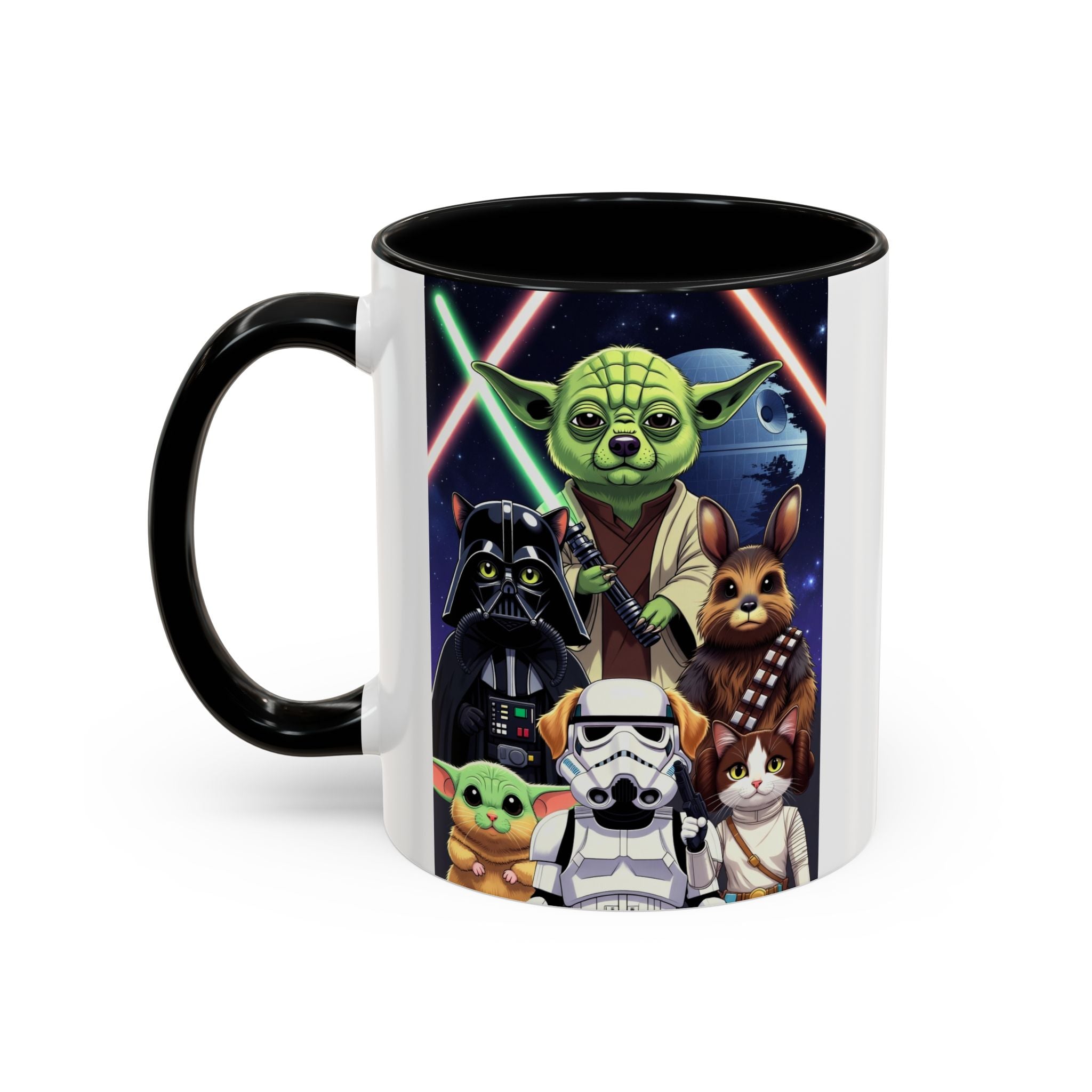 Star Wars pets coffee mug featuring cats and dogs dressed as characters with a galaxy background and lightsabers.