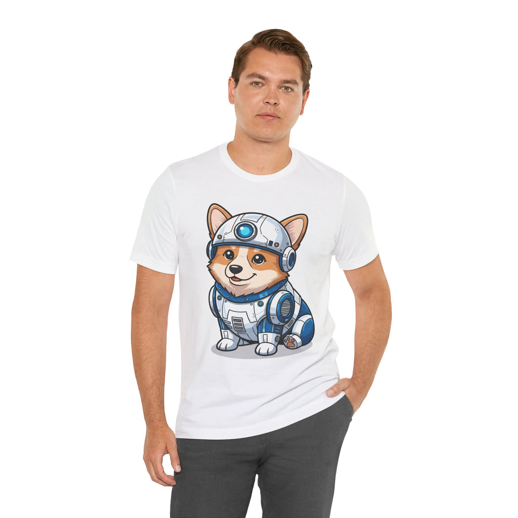 Corgi R2-D2 T-shirt featuring a cartoon corgi in a droid outfit, displayed on a model wearing gray pants.