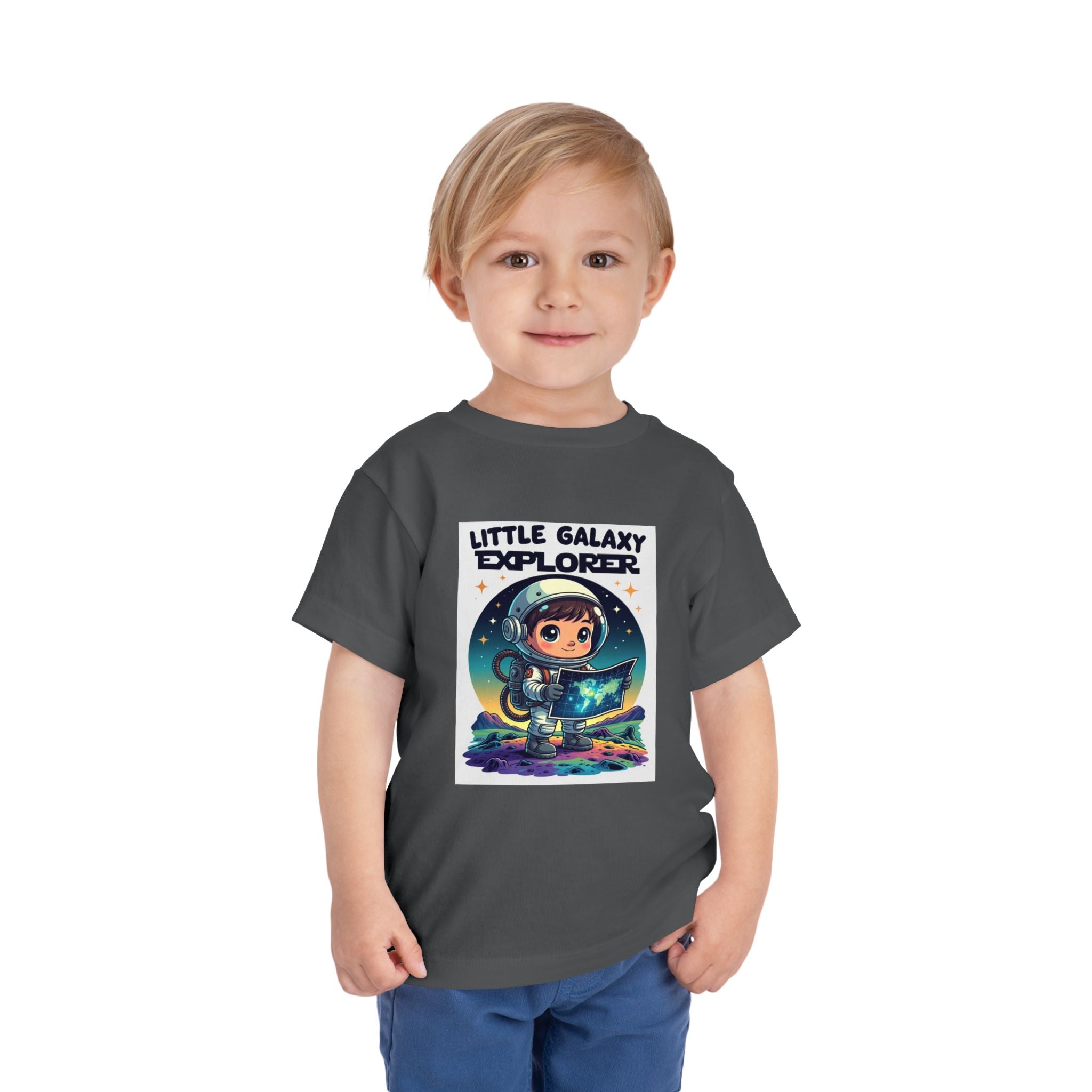 Gray kids' t-shirt featuring a cute astronaut character and the text "Little Galaxy Explorer" on the front.