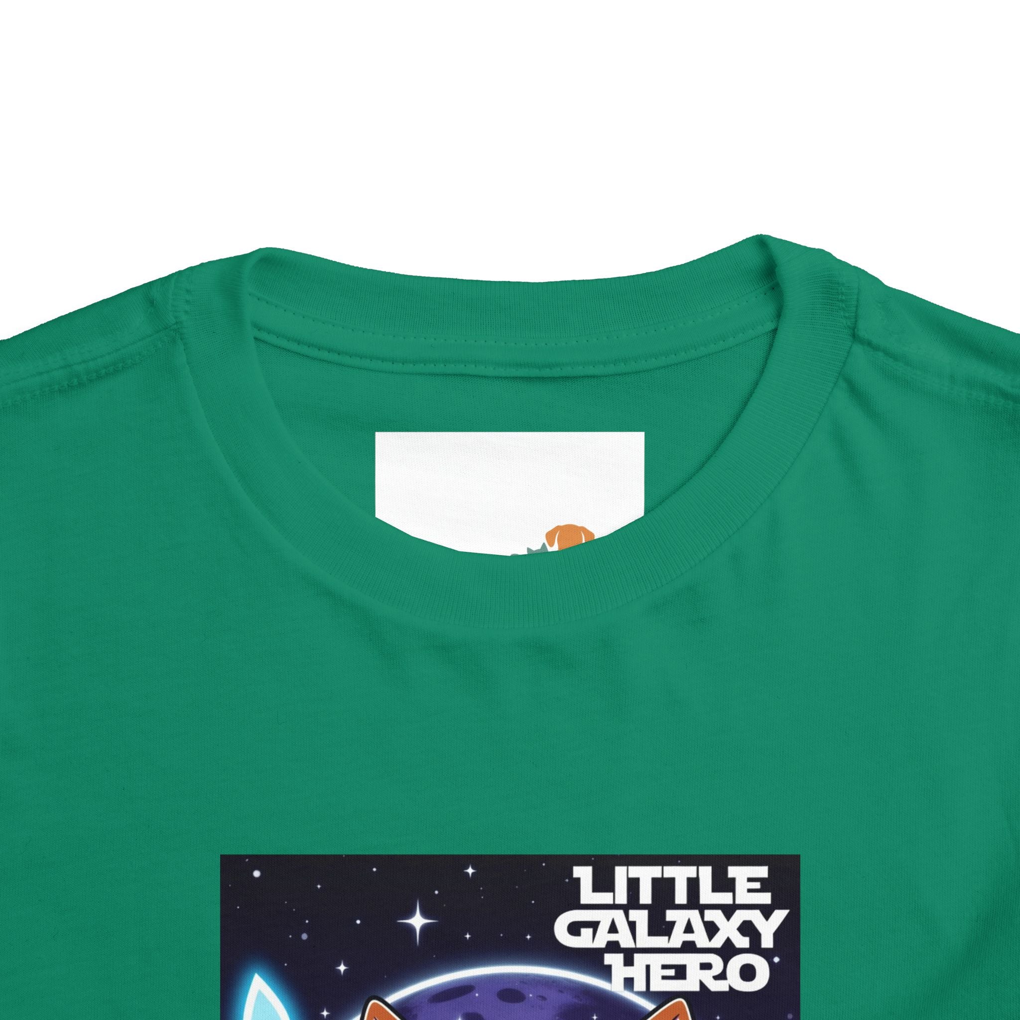 Green kids' t-shirt featuring a cartoon space puppy with the text "Little Galaxy Hero" and a starry background.