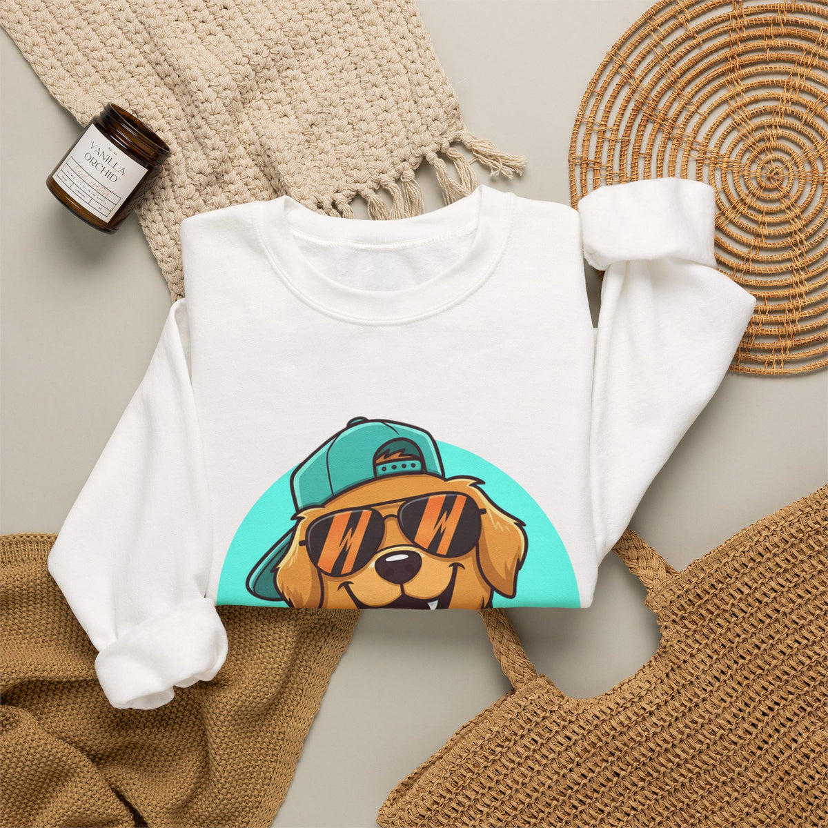 Golden Retriever Pup Graphic Sweatshirt — Cute Dog with Cap Crewneck