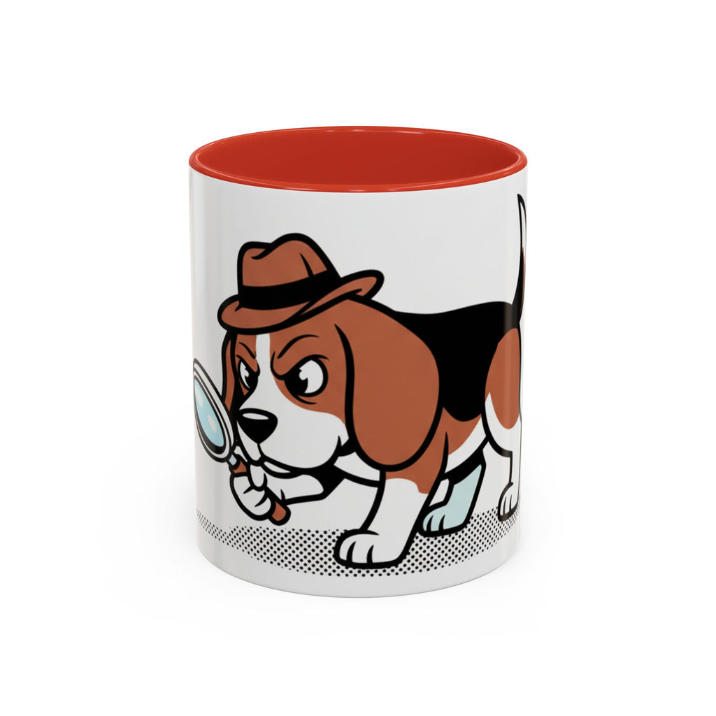 Detective Beagle mug featuring a cartoon beagle with a magnifying glass and a brown hat, red interior.