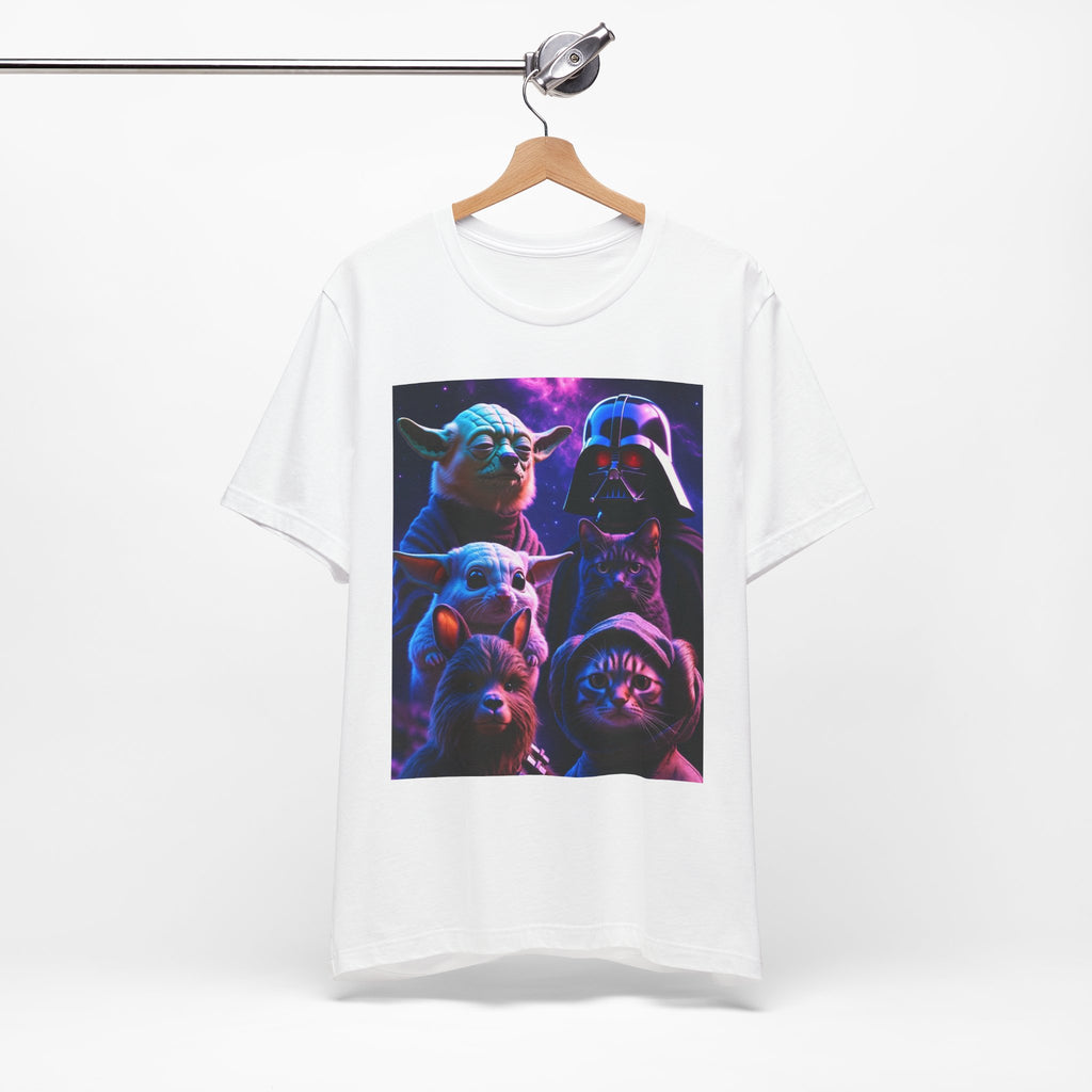 Pawsitive Force T-shirt featuring a galaxy design with cartoon cats and dogs styled as Star Wars characters.