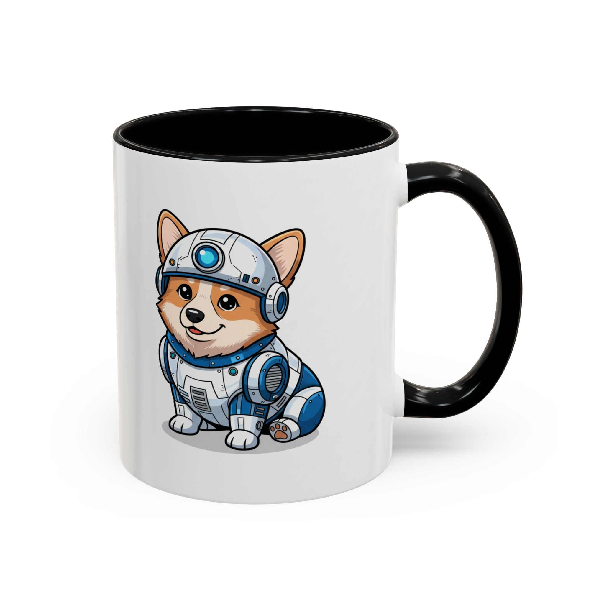 Corgi R2-D2 coffee mug featuring a cartoon corgi in a blue and white droid costume with a black handle.