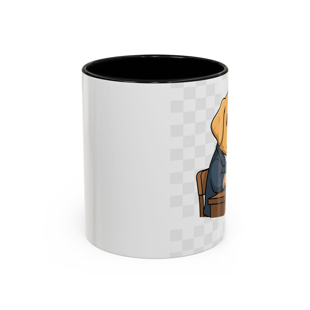 Yellow Lab Boss mug featuring a dog in a suit, sitting at a desk, with a black interior and white exterior.