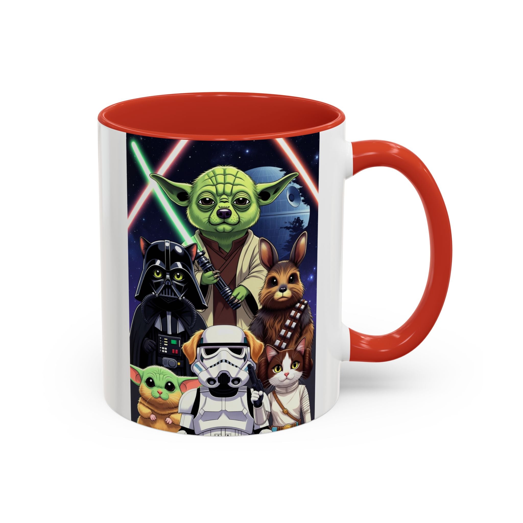 Star Wars Pets coffee mug featuring a galaxy design with Yoda, Darth Vader, and various animals on a red handle.