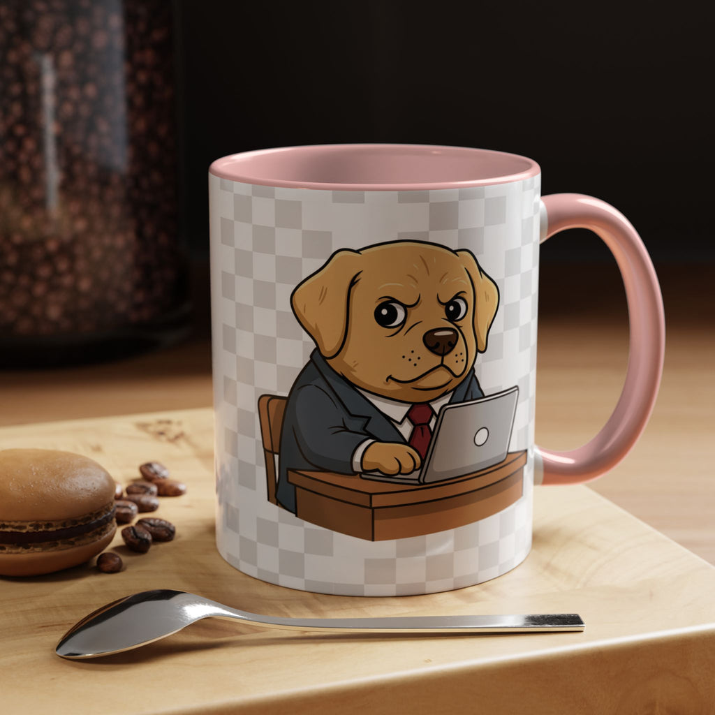Yellow Lab Boss Mug featuring a cartoon dog in a suit at a desk with a laptop, pink handle, and a wooden surface.