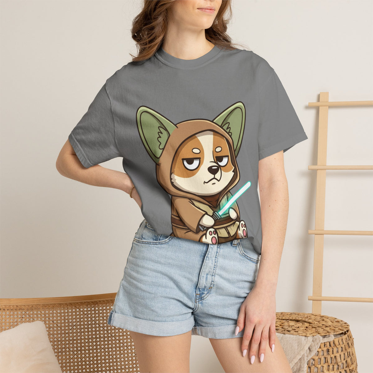 Corgi Jedi T-Shirt — Cute Grumpy Puppy with Lightsaber Graphic
