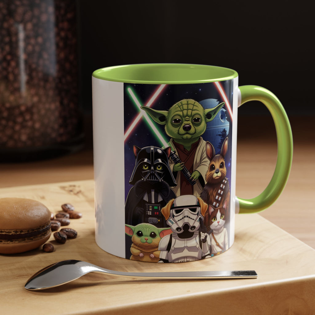 Star Wars Pets coffee mug featuring Yoda, Darth Vader, and cute animals against a galaxy background with a green handle.