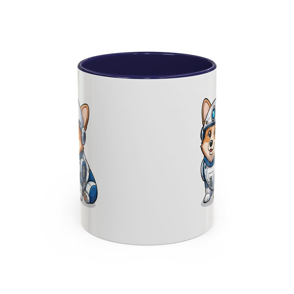 Corgi R2-D2 coffee mug with a blue interior, featuring a cartoon corgi in a droid costume on one side.