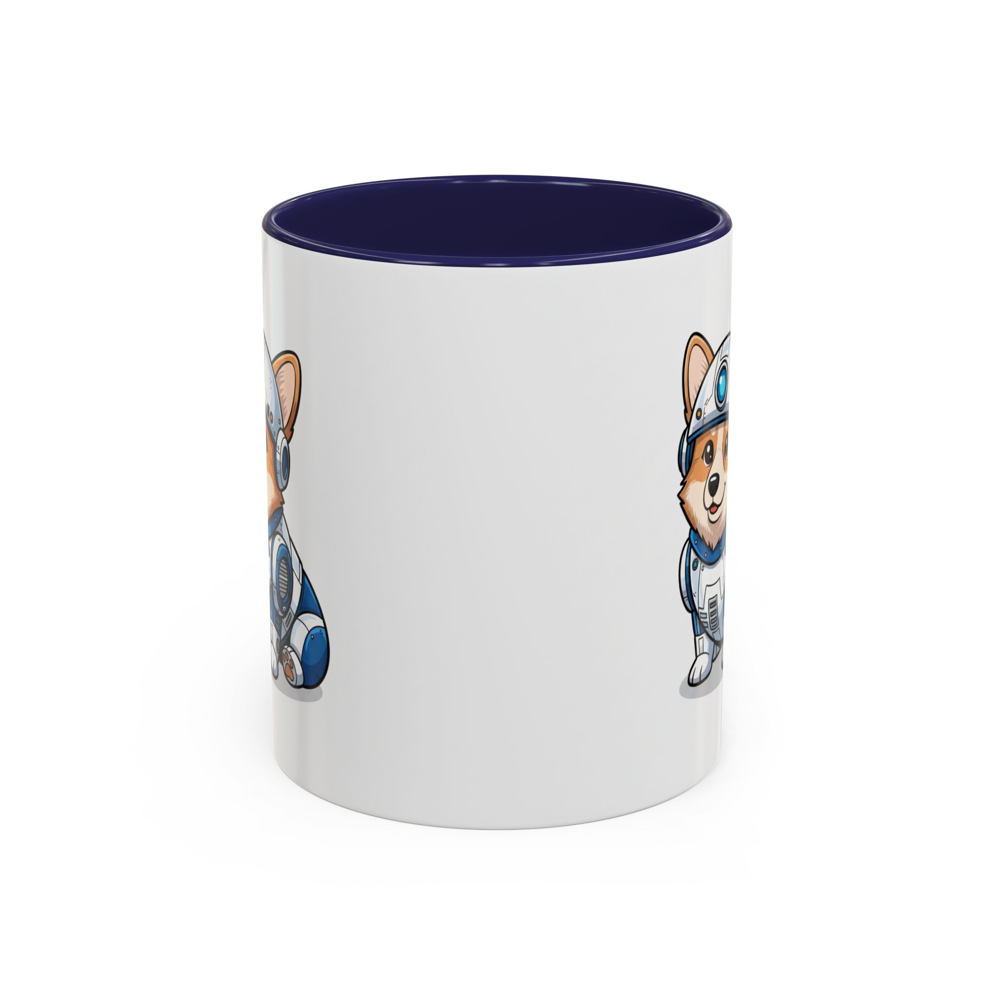 Corgi R2-D2 coffee mug with a blue interior, featuring a cartoon corgi in a droid costume on one side.