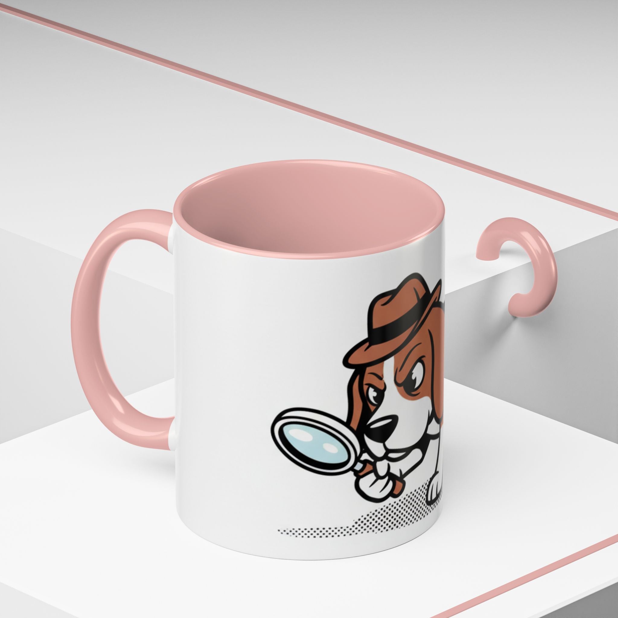 Detective Beagle mug with a pink handle, featuring a cartoon beagle holding a magnifying glass.