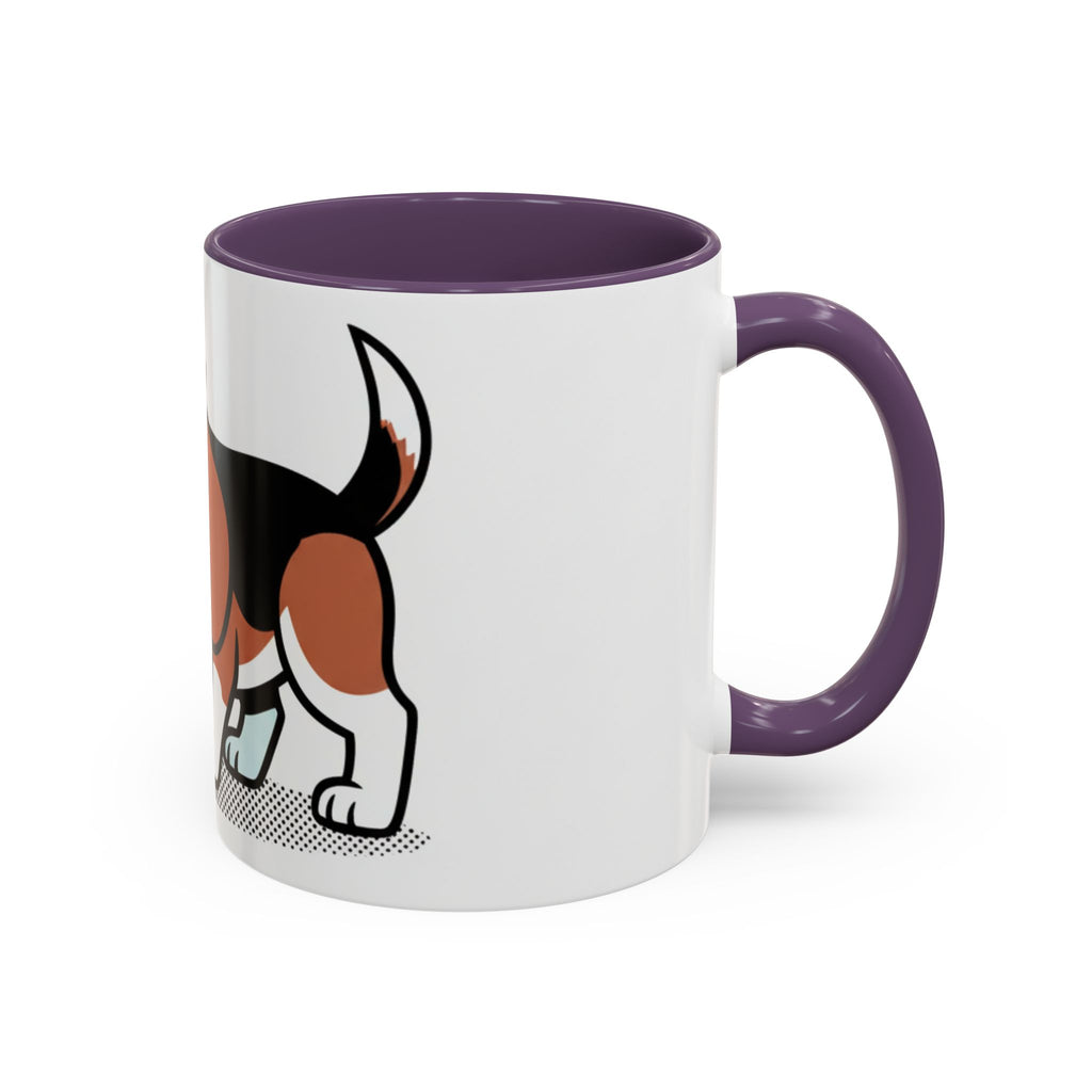 Detective Beagle mug featuring a cartoon beagle with a magnifying glass, purple handle, and white body.