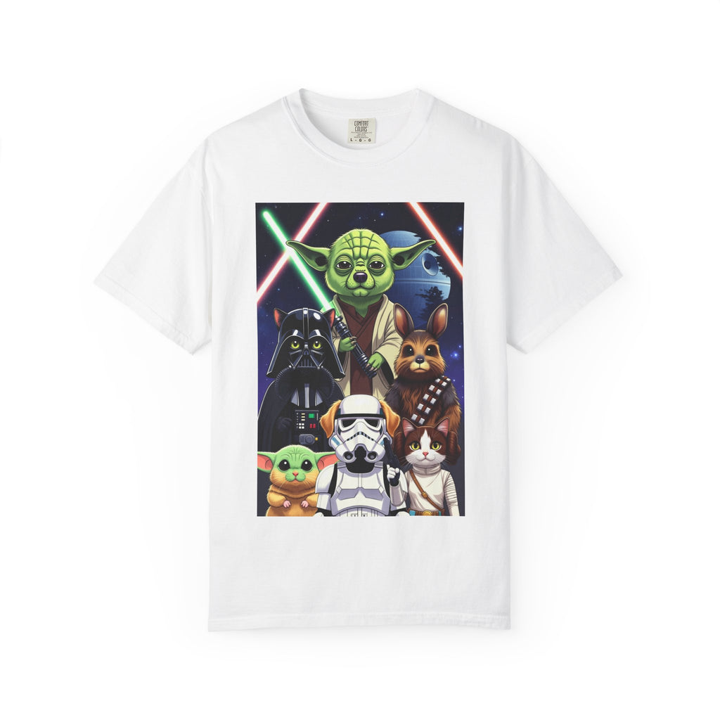White t-shirt featuring a graphic of Yoda as a corgi, Darth Vader as a cat, and Chewbacca as a bunny.