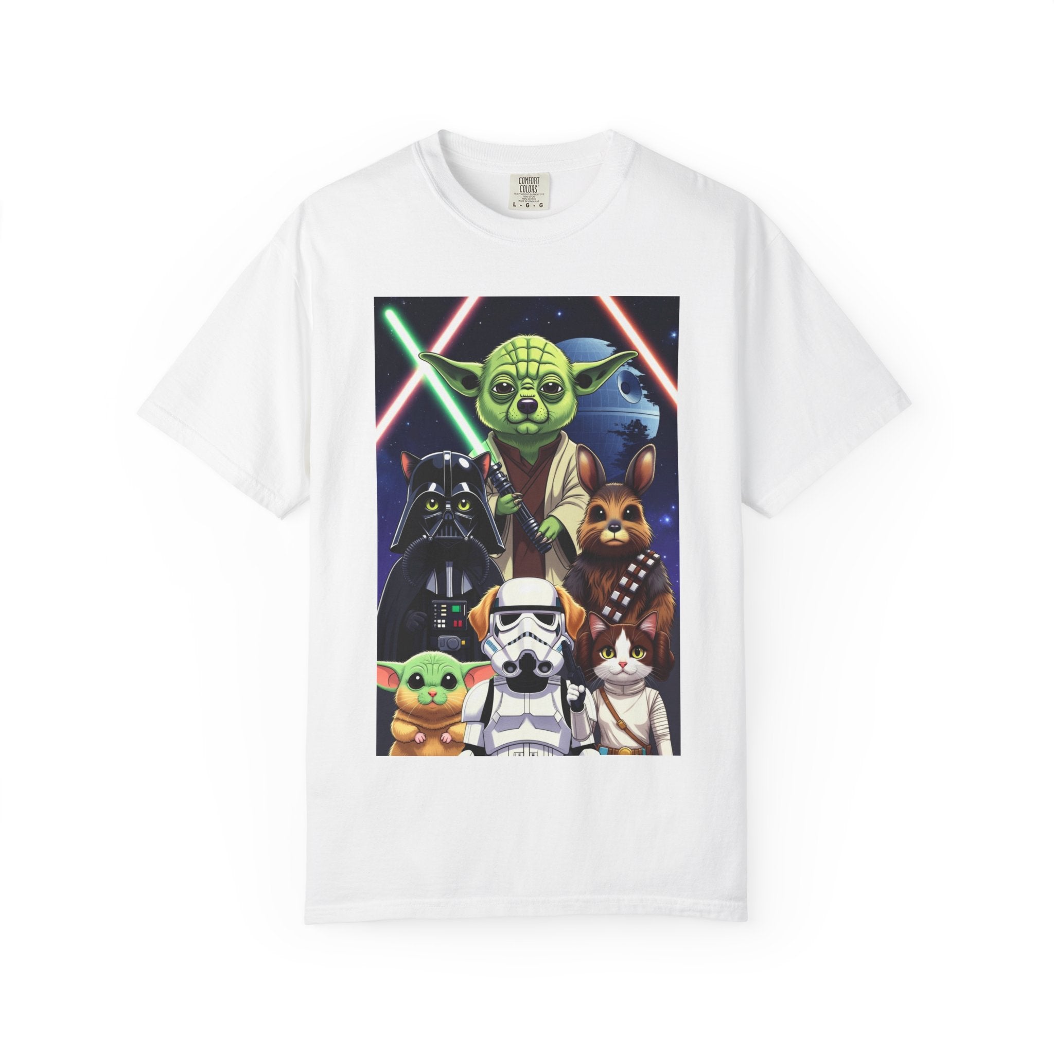 White t-shirt featuring a graphic of Yoda as a corgi, Darth Vader as a cat, and Chewbacca as a bunny.