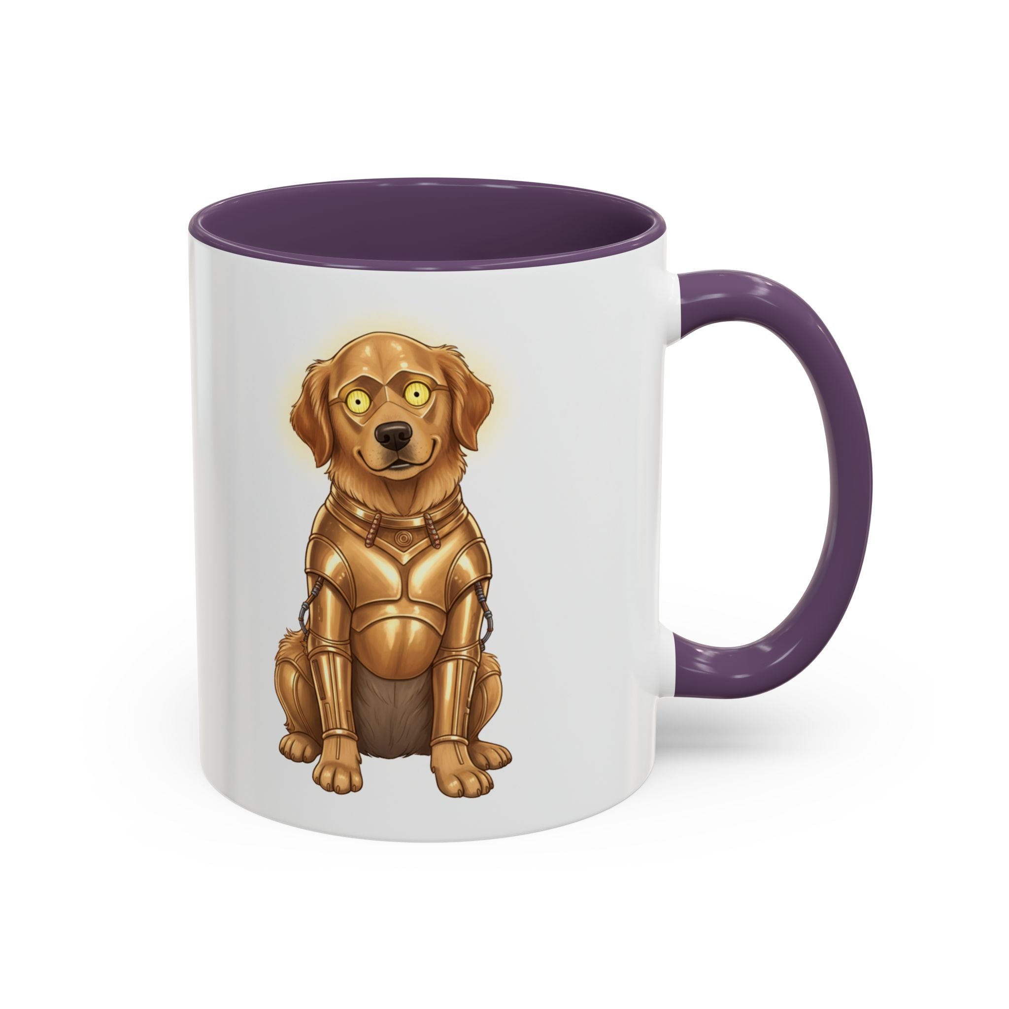 Golden Retriever C-3PO mug with a purple handle, featuring a cartoon dog in a gold robot suit.