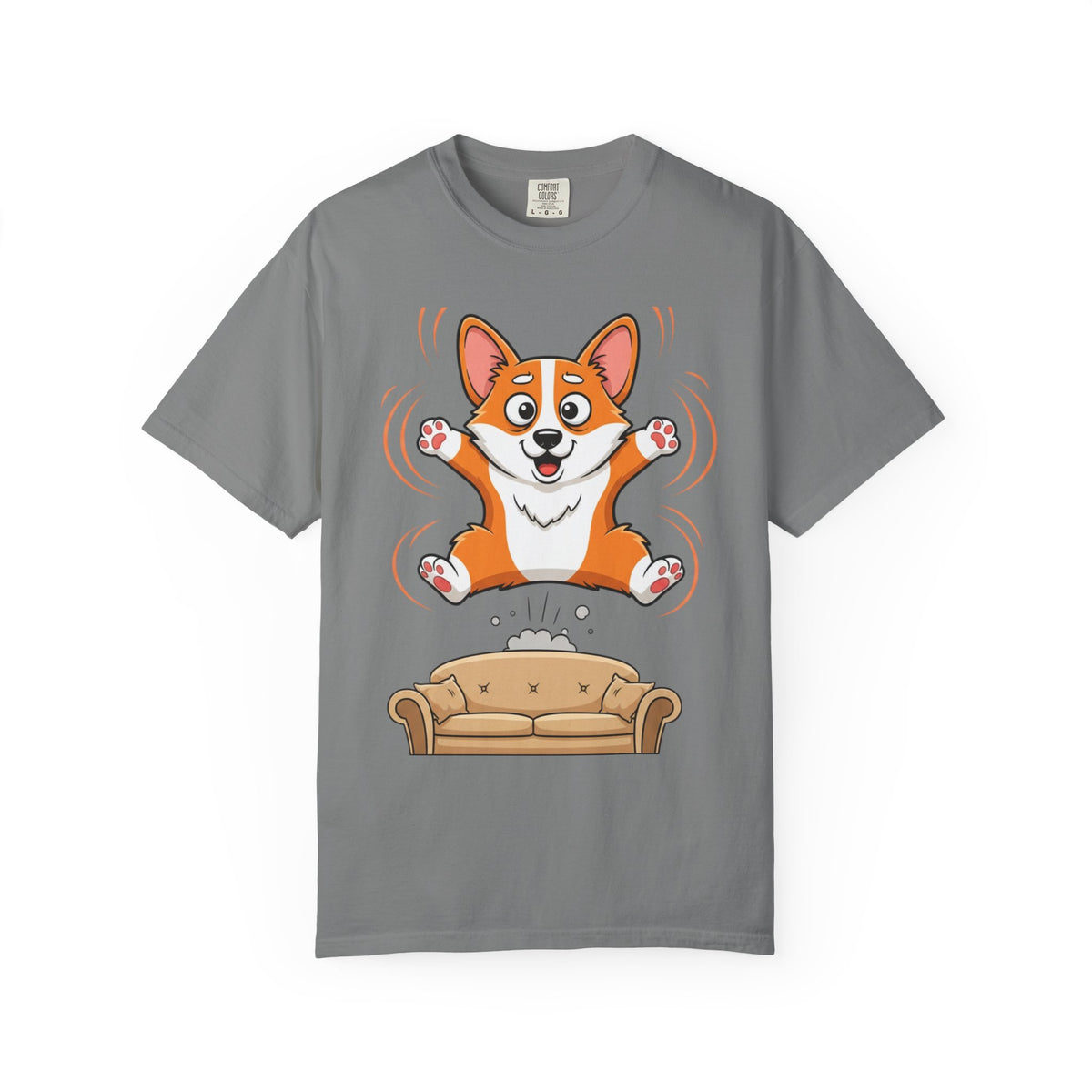 Corgi Jumping on Couch T-Shirt — Cute Dog Graphic Tee for Pet Lovers