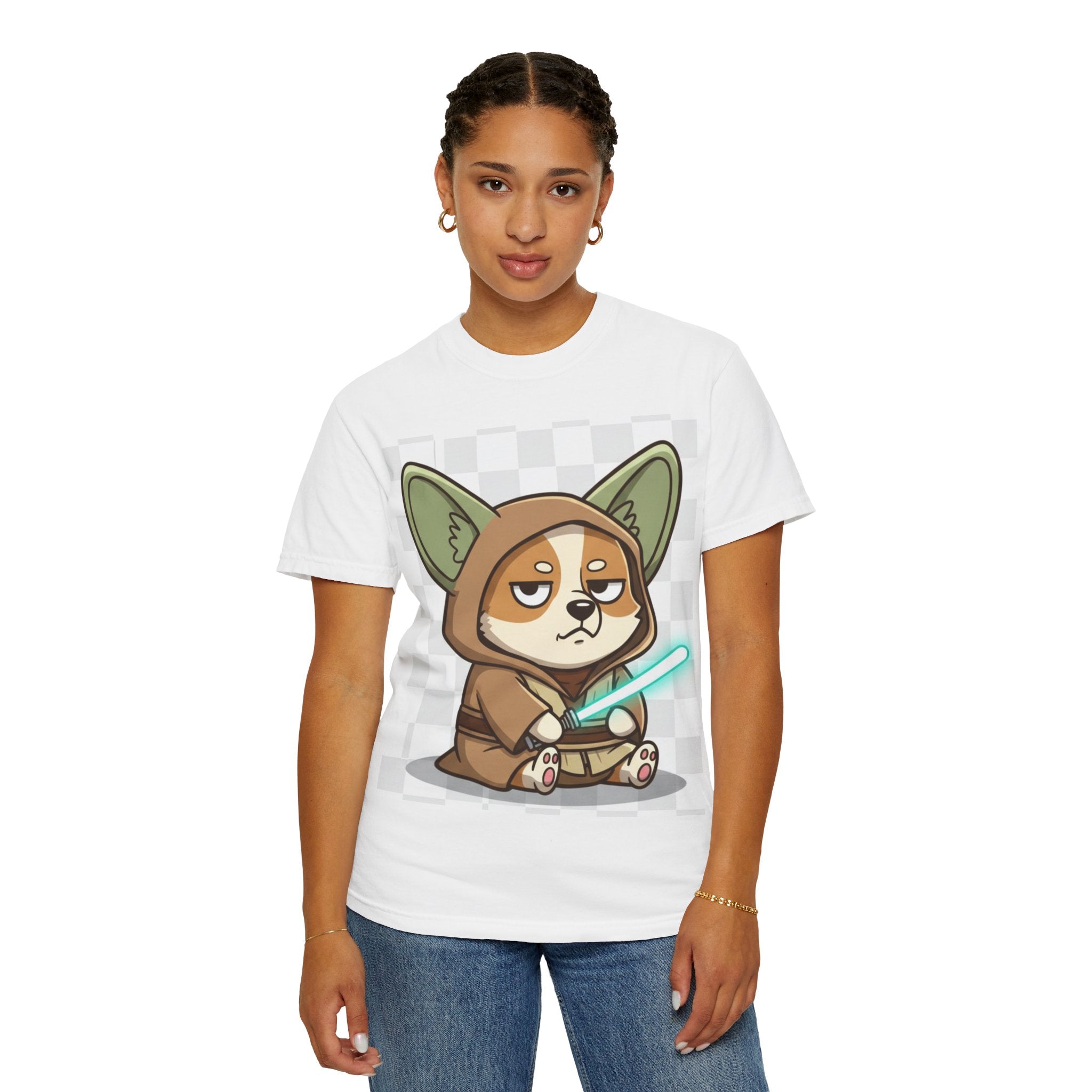 Corgi Yoda T-Shirt — Cute Grumpy Corgi Dressed as Yoda with Tiny Lightsaber