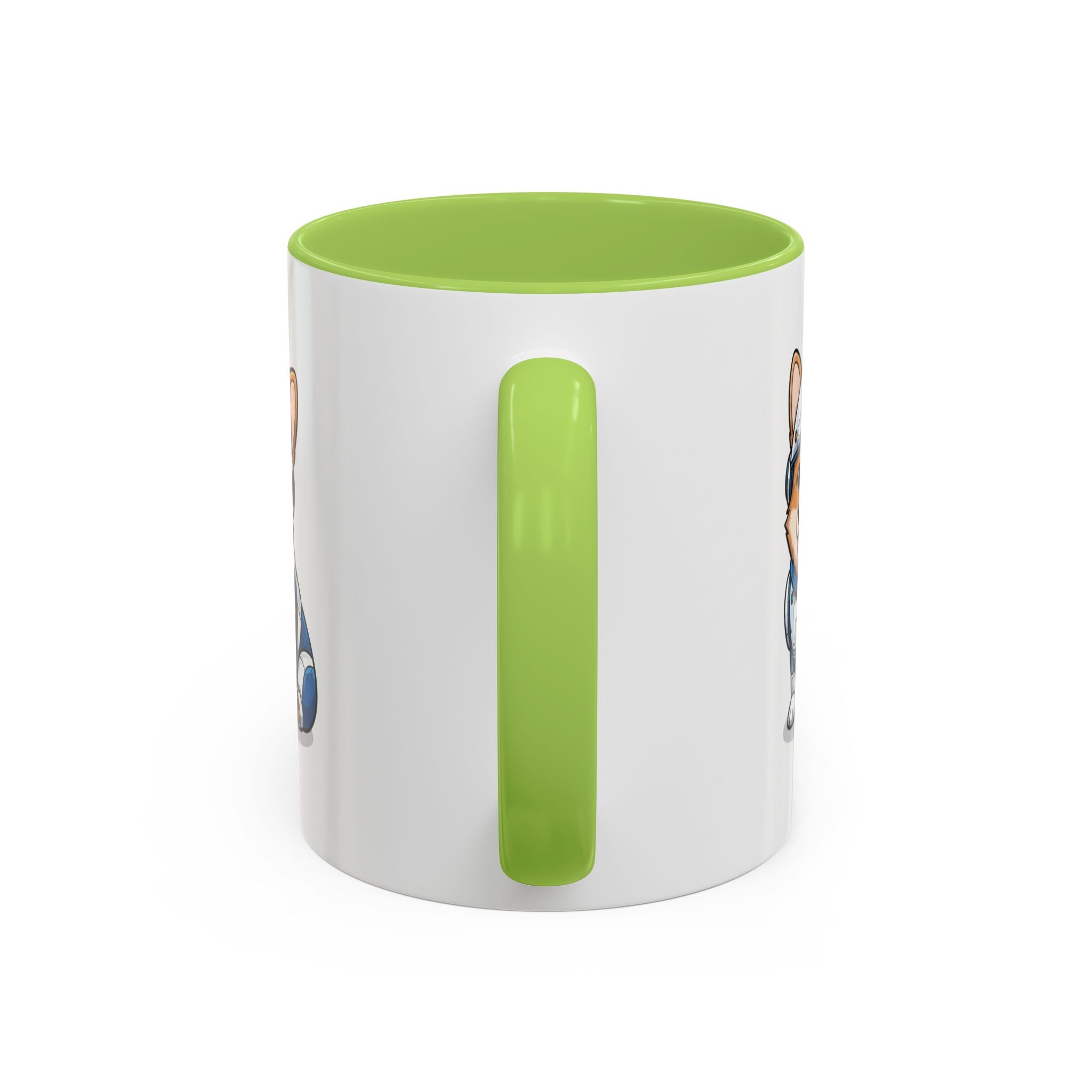 Corgi R2-D2 coffee mug with a green handle, featuring a cartoon dog design on a white background.
