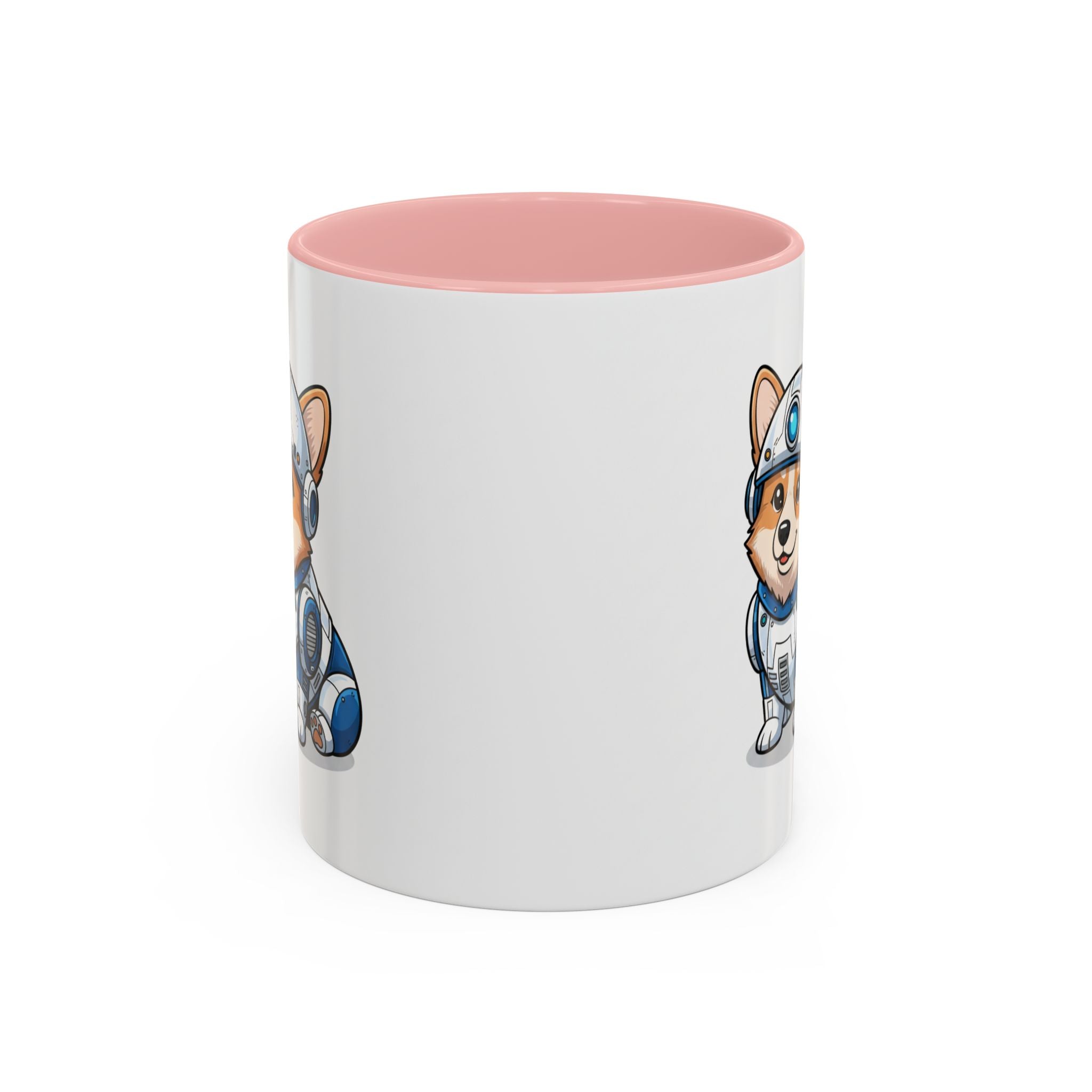 Corgi R2-D2 coffee mug with a pink interior, featuring a cartoon corgi in a droid costume on one side.