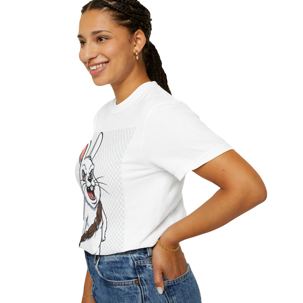 Chewbacca bunny T-shirt featuring a cartoon rabbit in a bandolier, worn by a model against a white background.