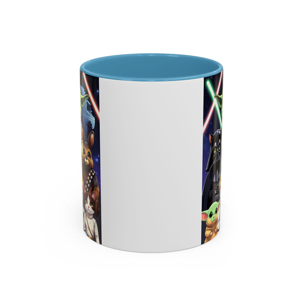 Star Wars pets coffee mug featuring a galaxy design with cats and dogs alongside iconic characters and lightsabers.