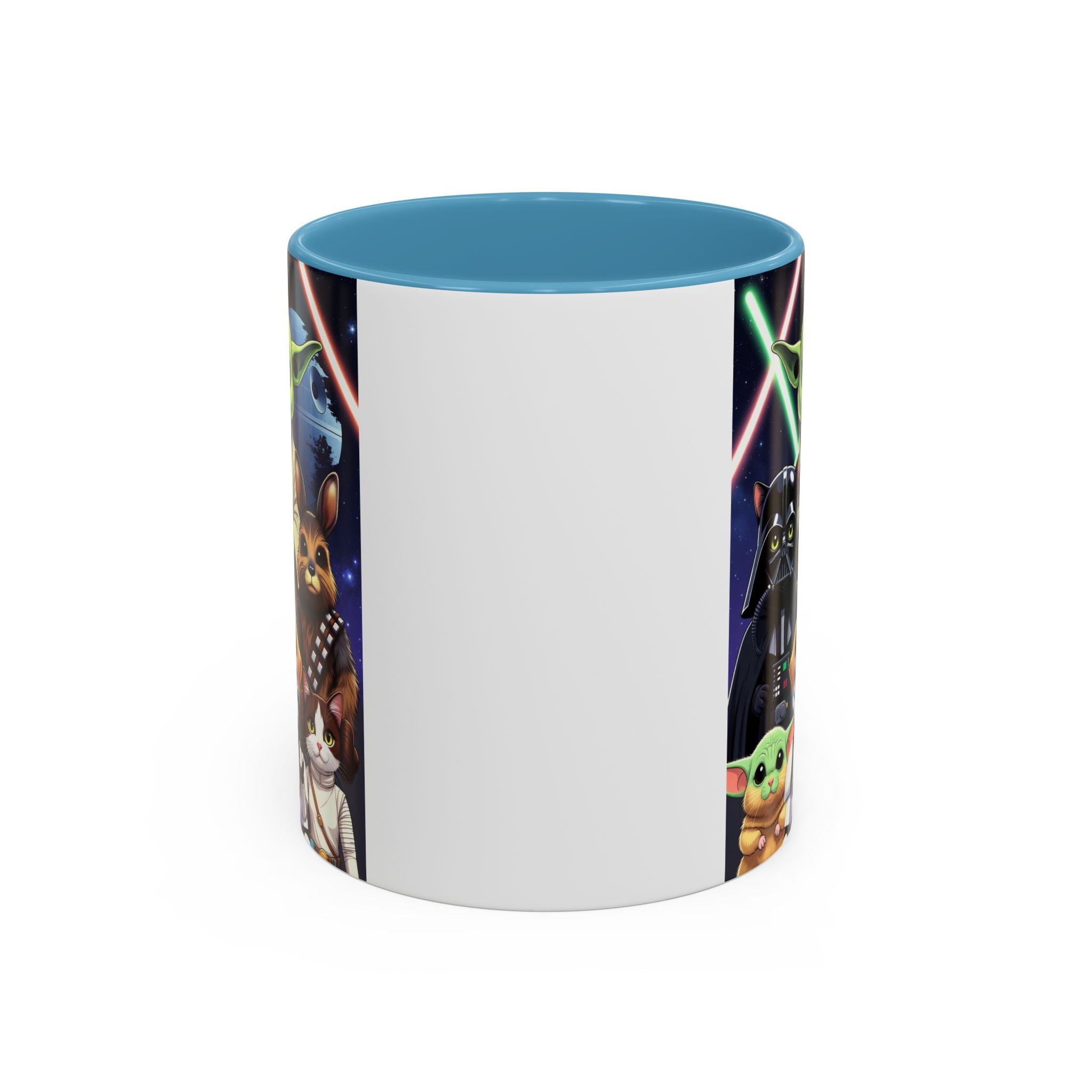 Star Wars pets coffee mug featuring a galaxy design with cats and dogs alongside iconic characters and lightsabers.