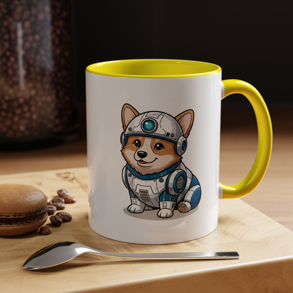 Corgi R2-D2 coffee mug with yellow handle, featuring a cartoon corgi in a droid costume, placed on a wooden surface.