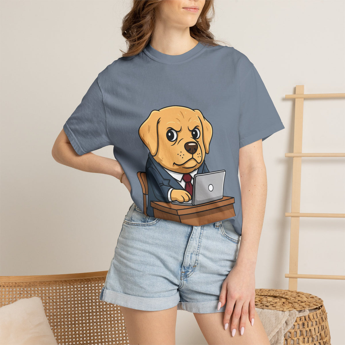 Cute Office Dog T-Shirt — Puppy Boss Working on Laptop Graphic Tee