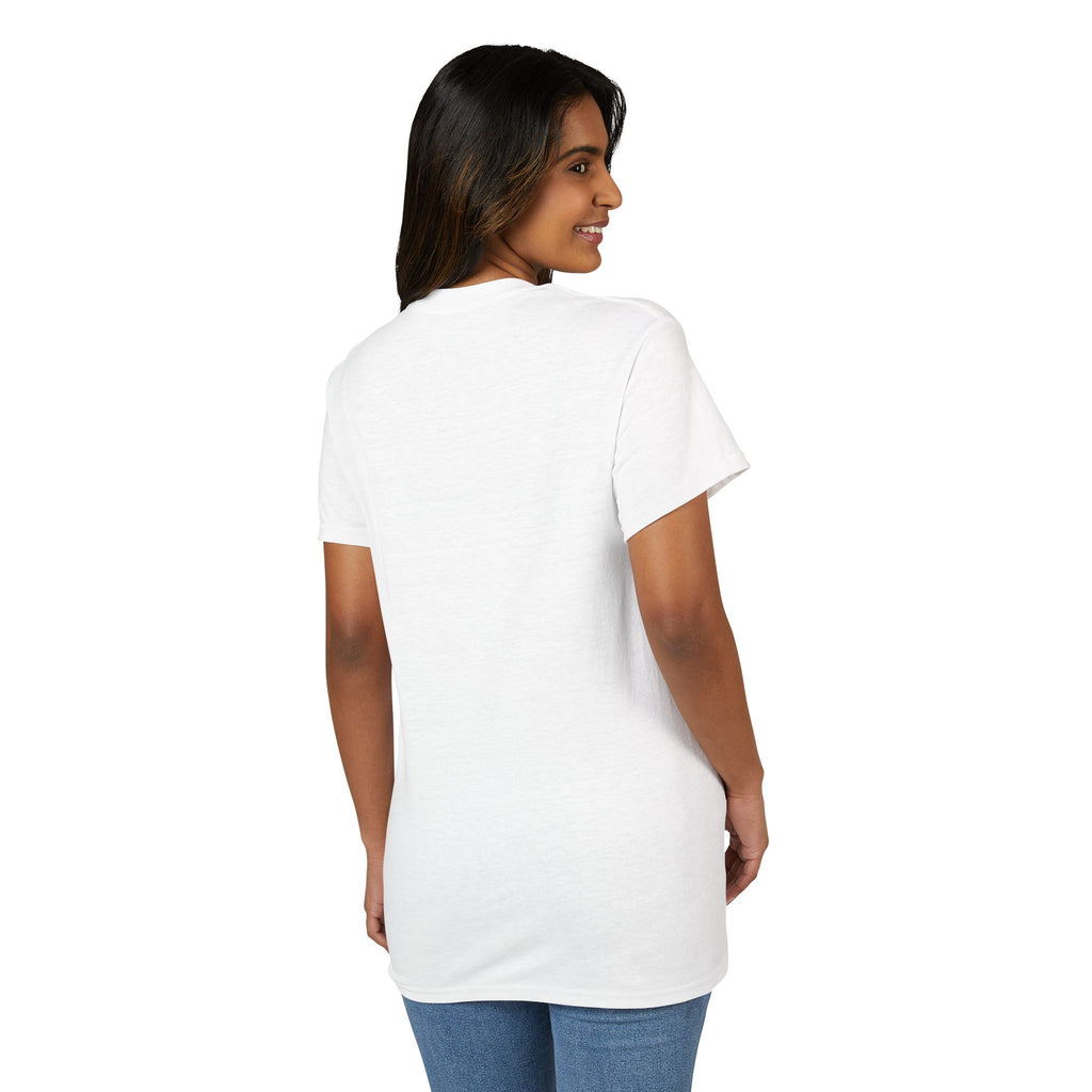 Golden Retriever C-3PO dog t-shirt in white, featuring a playful design, modeled by a woman from the back.