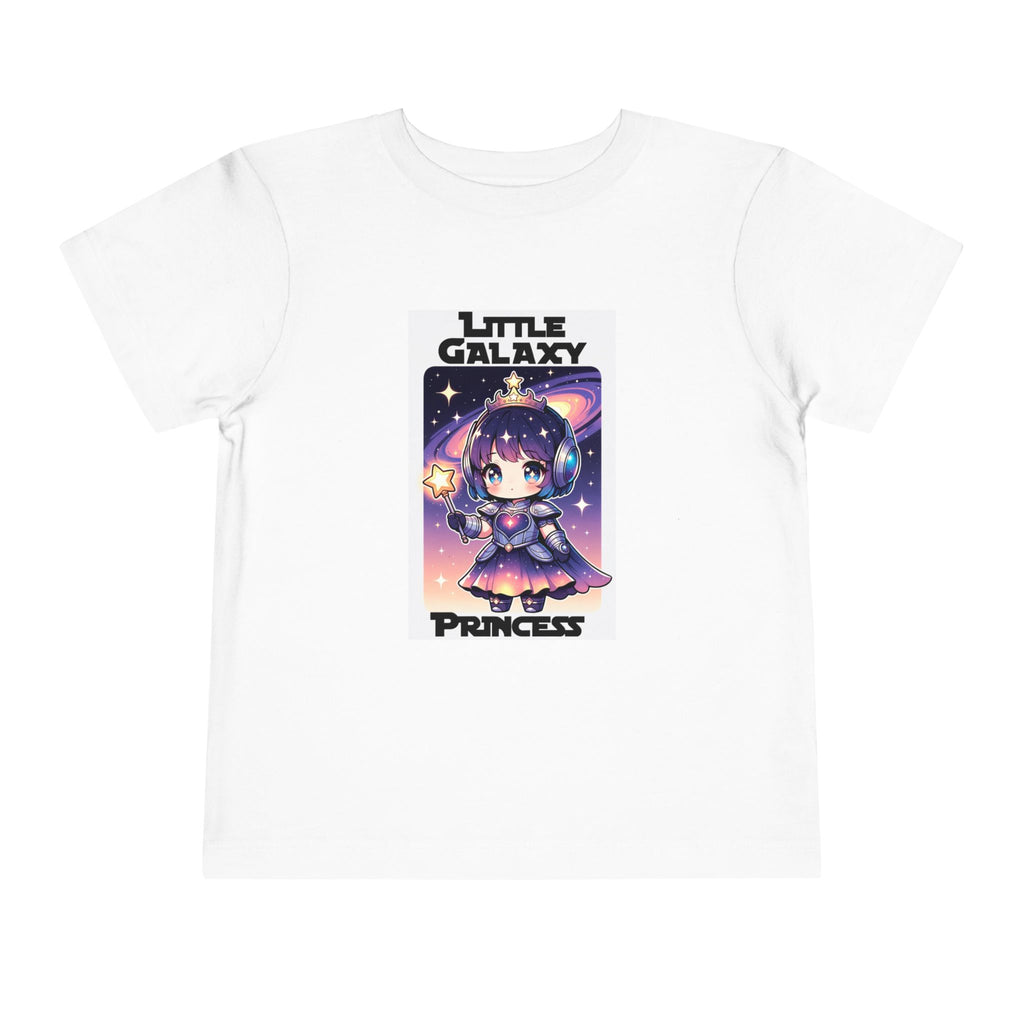 Little Galaxy Princess kids t-shirt in white featuring a cute cartoon character holding a star against a space background.