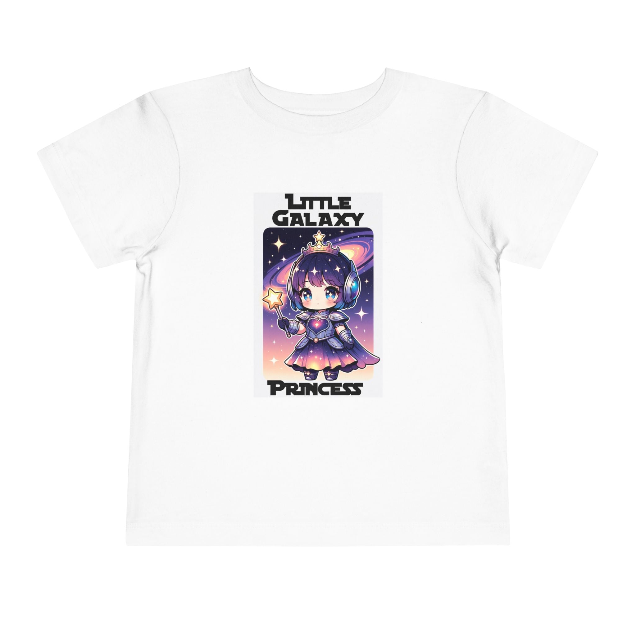 Little Galaxy Princess kids t-shirt in white featuring a cute cartoon character holding a star against a space background.