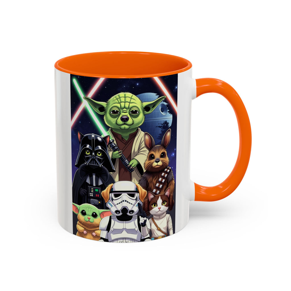 Star Wars Pets coffee mug featuring Yoda, Darth Vader, and various pets against a galaxy background with an orange handle.