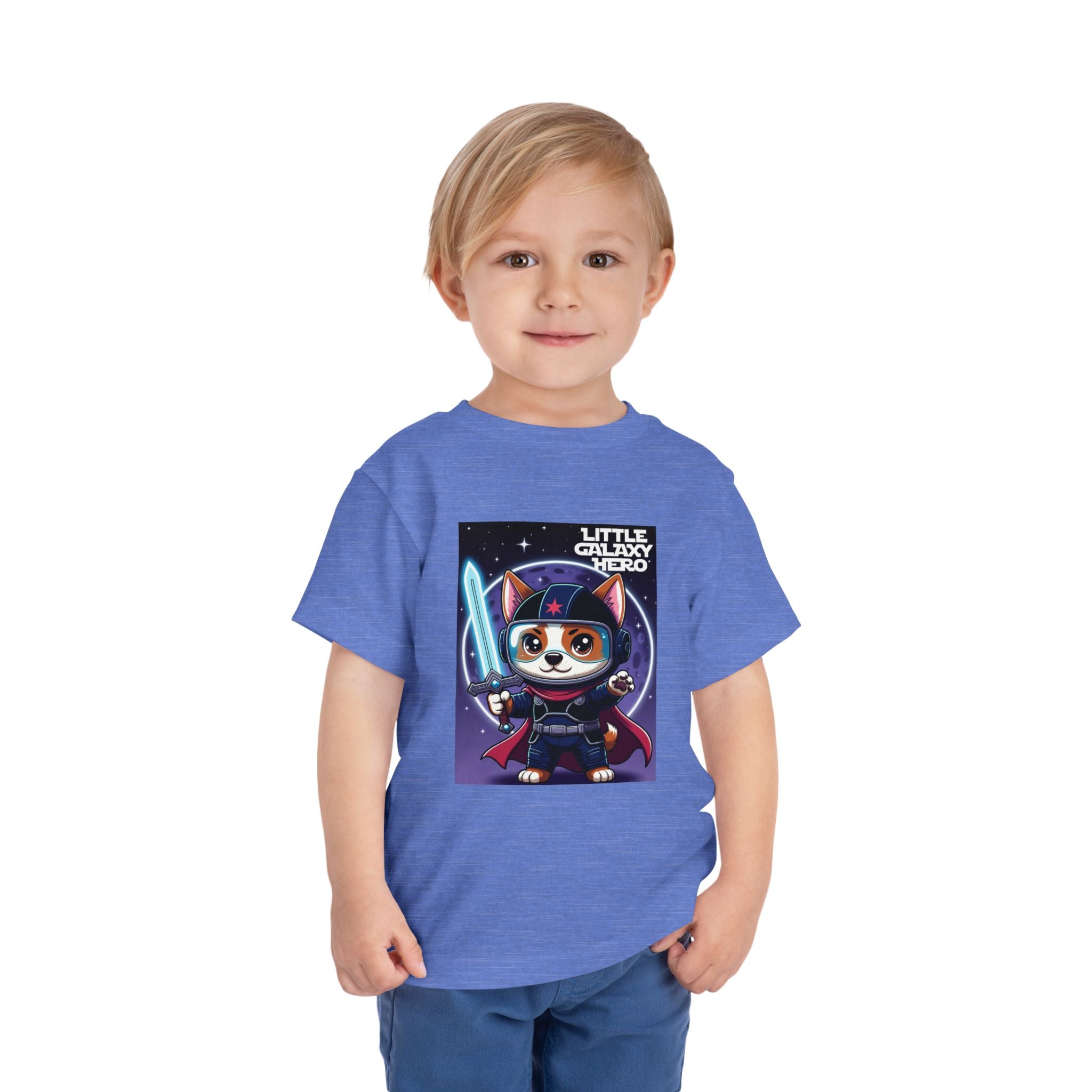 Little Galaxy Hero kids t-shirt in blue featuring a cartoon space puppy with a lightsaber and superhero cape.