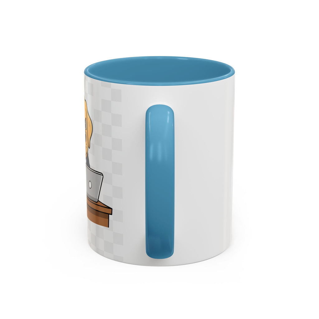 Yellow Lab Boss mug featuring a dog in a suit, with a blue handle and interior, set against a light gray background.