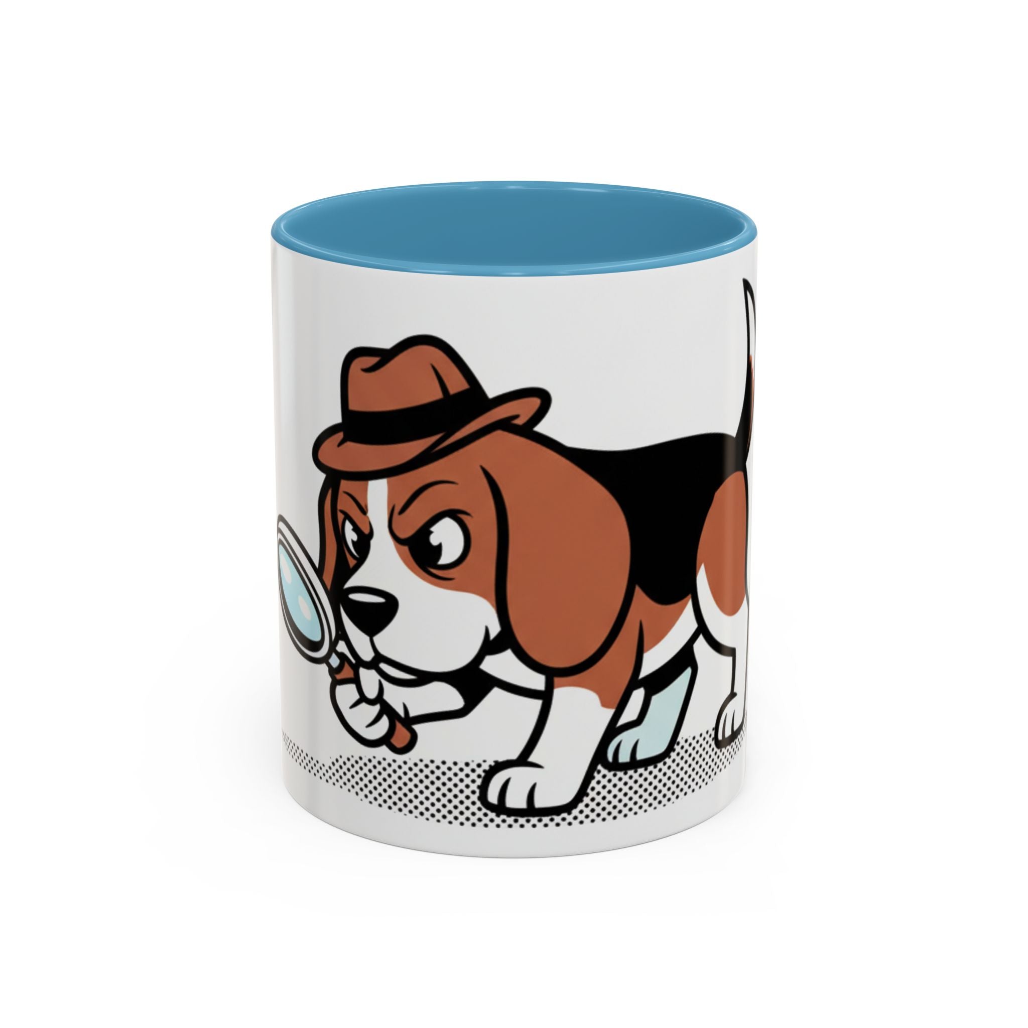 Detective Beagle mug featuring a cartoon beagle with a magnifying glass and a brown hat, blue interior.