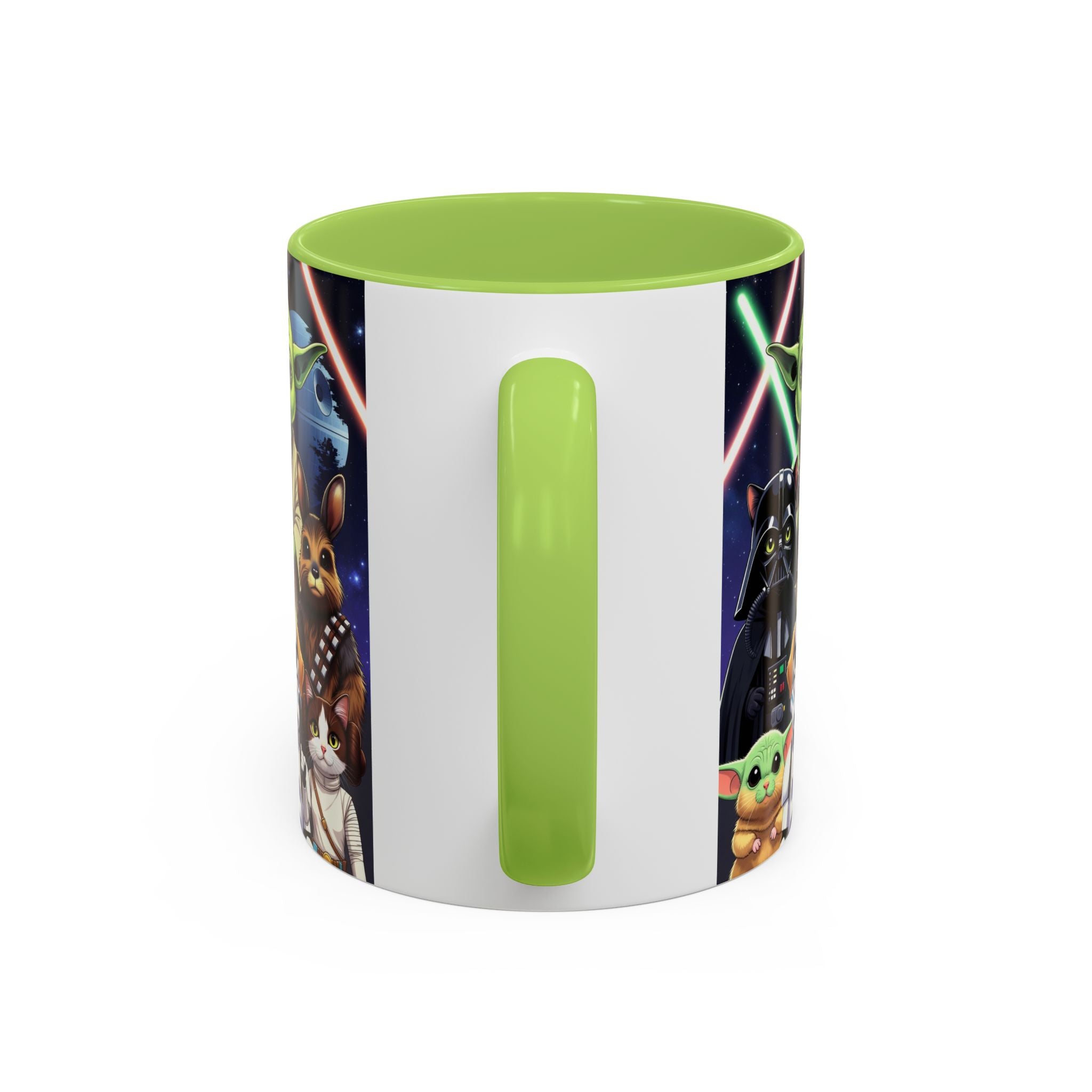 Star Wars Pets coffee mug featuring a galaxy design with cats and dogs, green handle, and vibrant character illustrations.