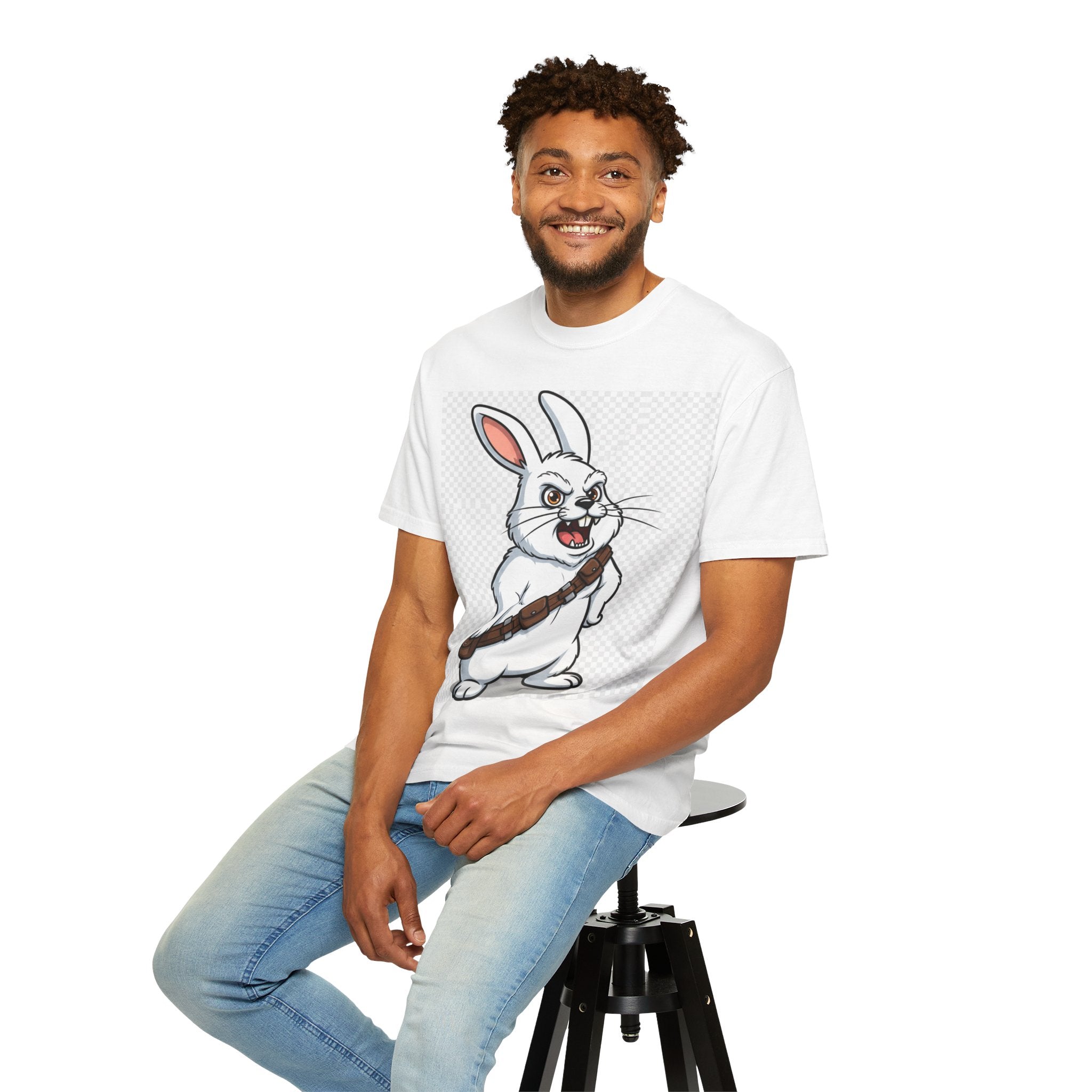 Chewbacca bunny t-shirt featuring a cartoon rabbit holding a lightsaber, worn by a man sitting on a stool.