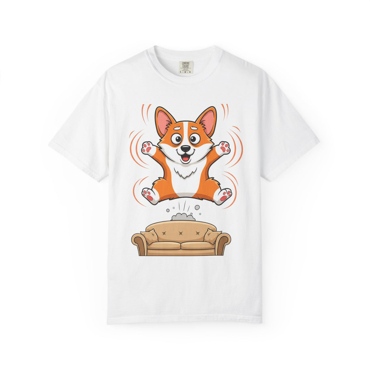 Corgi Jumping on Couch T-Shirt — Cute Dog Graphic Tee for Pet Lovers