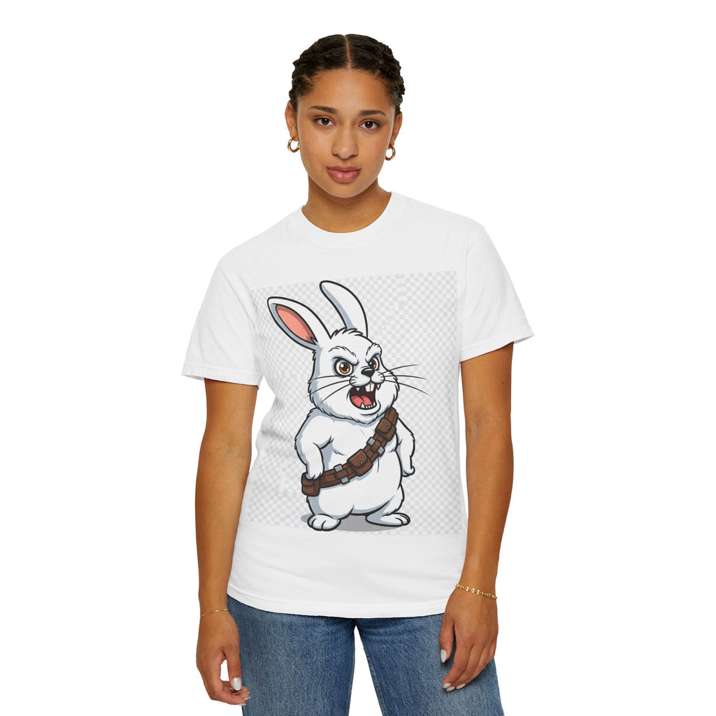 Chewbacca bunny T-shirt featuring a cartoon rabbit with a bandolier on a white background.
