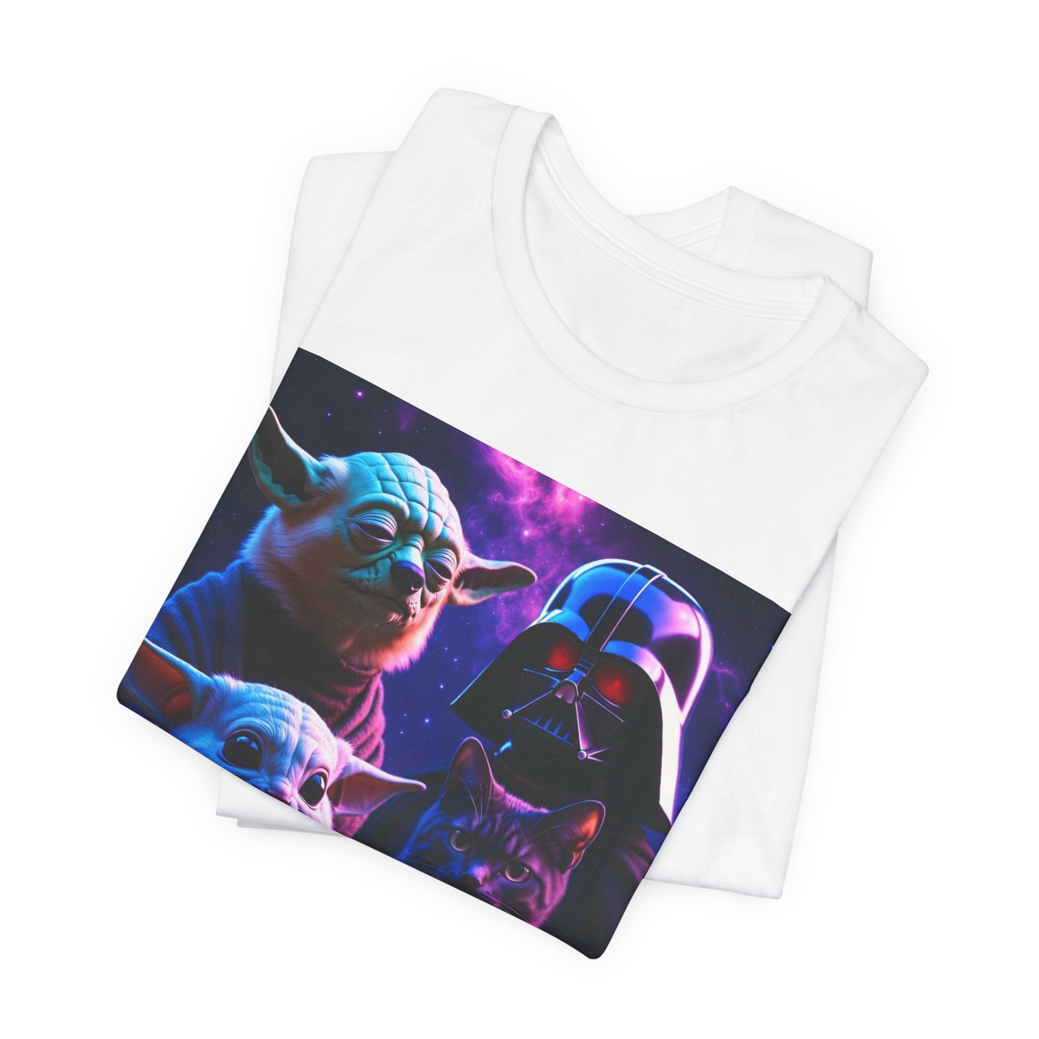 Pawsitive Force T-shirt featuring a cat and dog with Yoda and Darth Vader in a galaxy background.