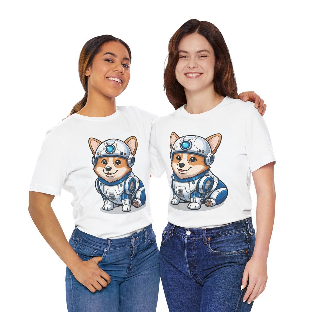 Corgi R2-D2 T-shirt featuring a cute corgi in a droid costume, worn by two models against a white background.