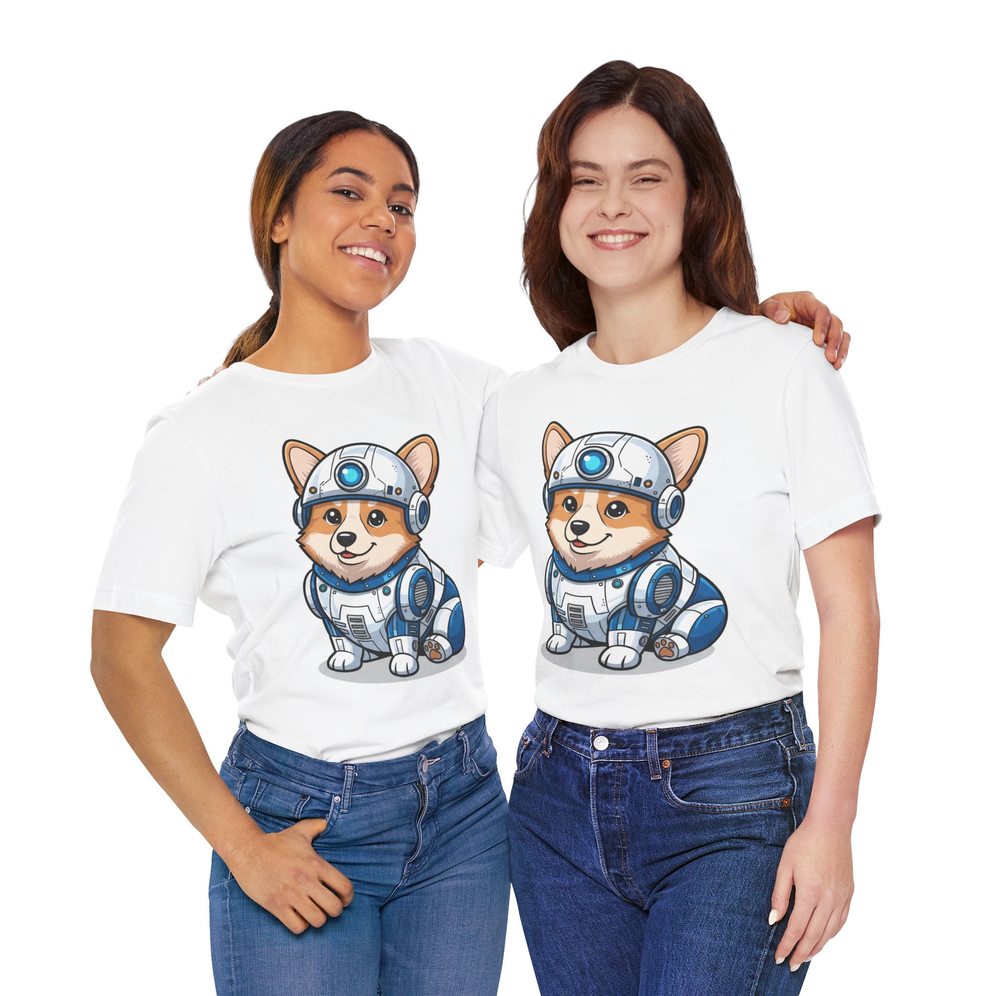 Corgi R2-D2 T-shirt featuring a cute corgi in a droid costume, worn by two models against a white background.