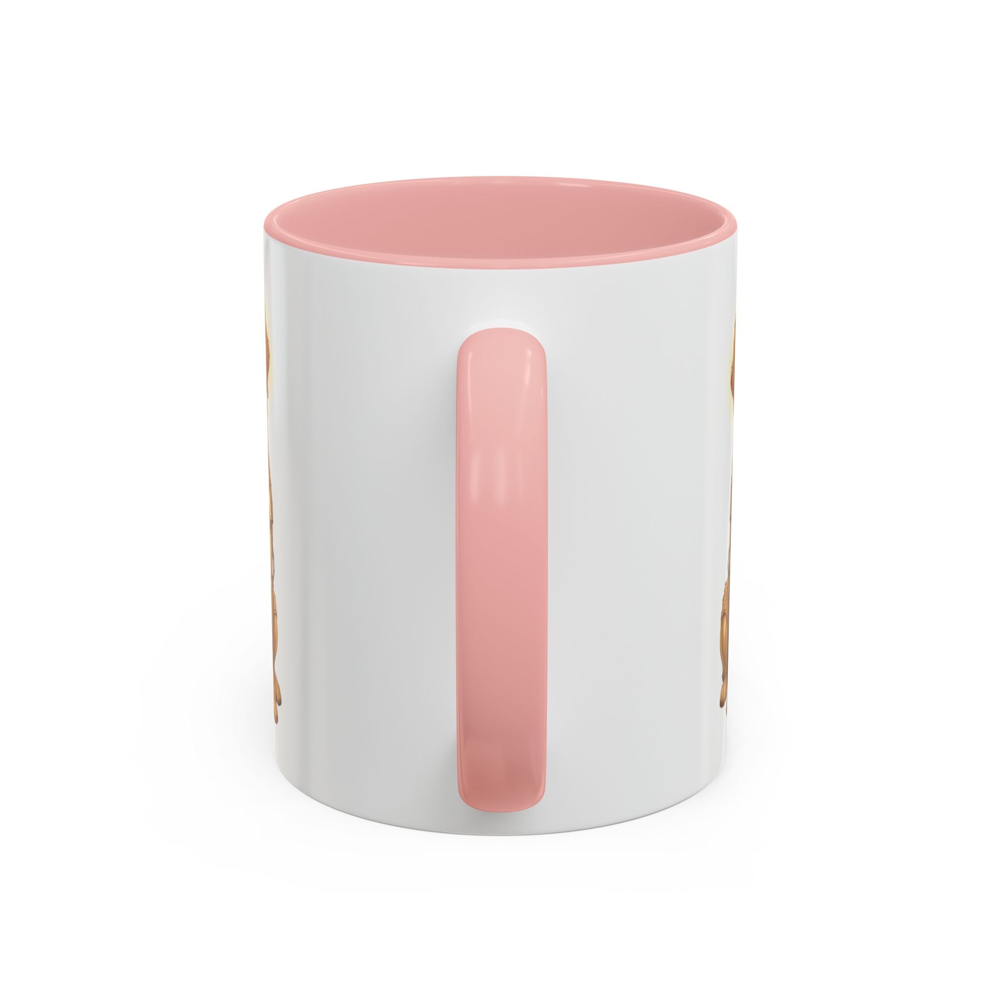 Golden Retriever C-3PO mug with a pink handle and interior, featuring a dog design on a white background.